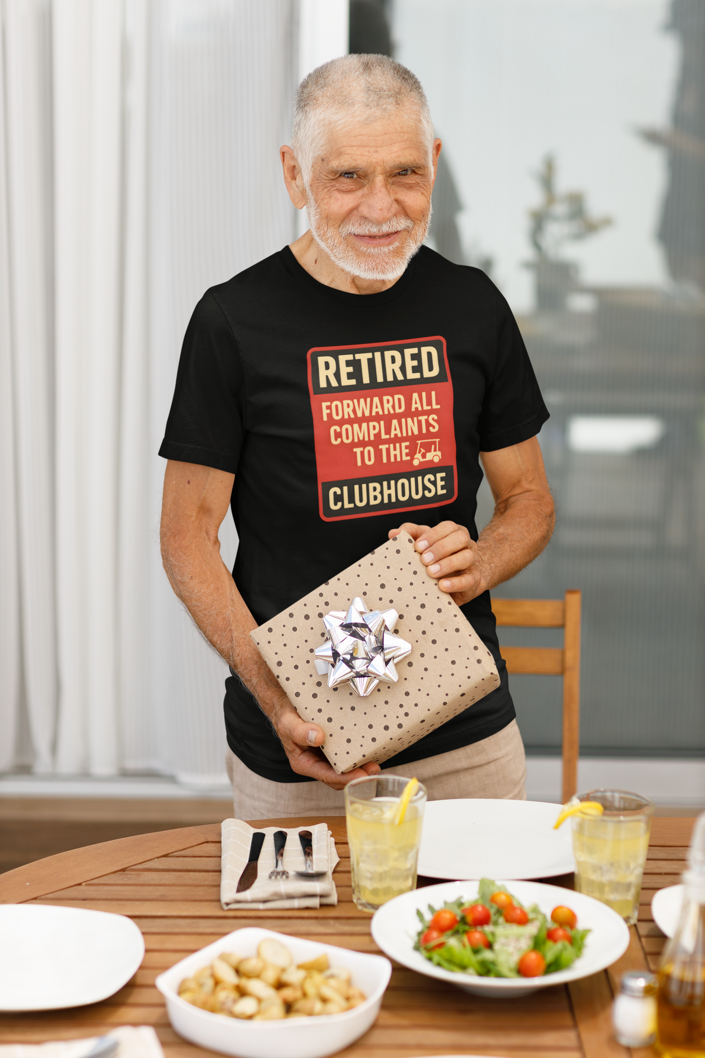 Humorous retiree shirt with red and beige print