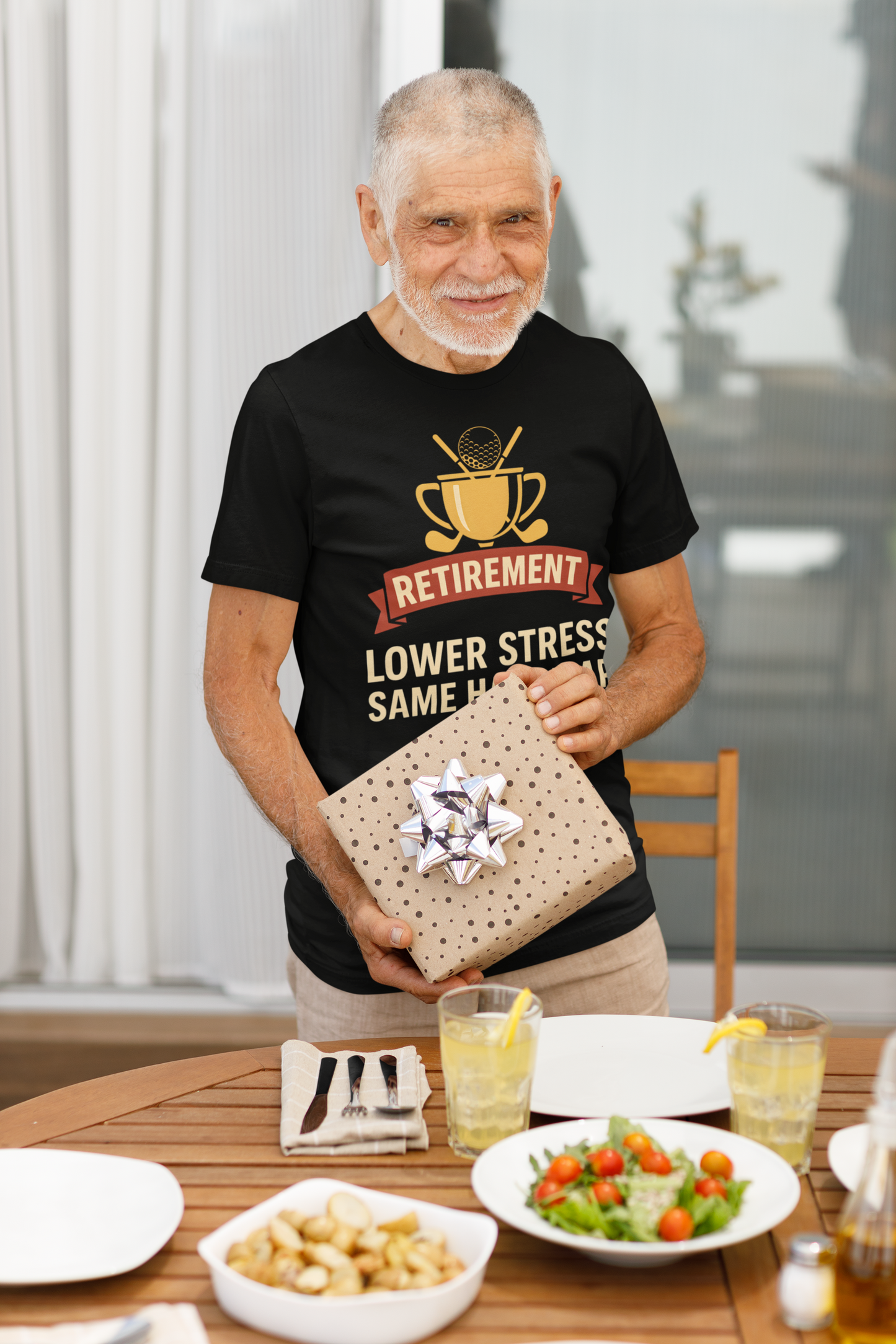 Retro style retirement banner artwork on tee