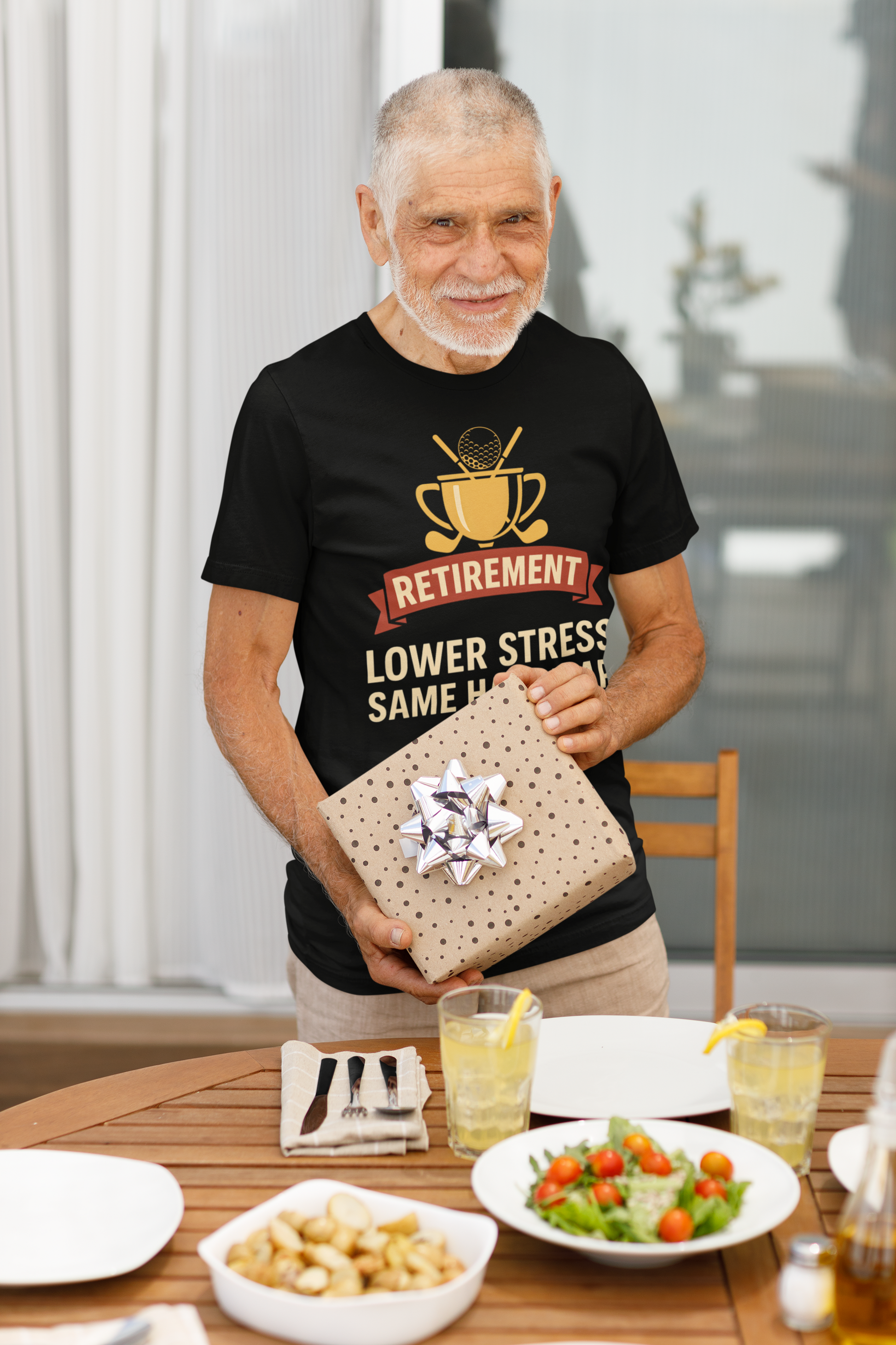 Retro style retirement banner artwork on tee