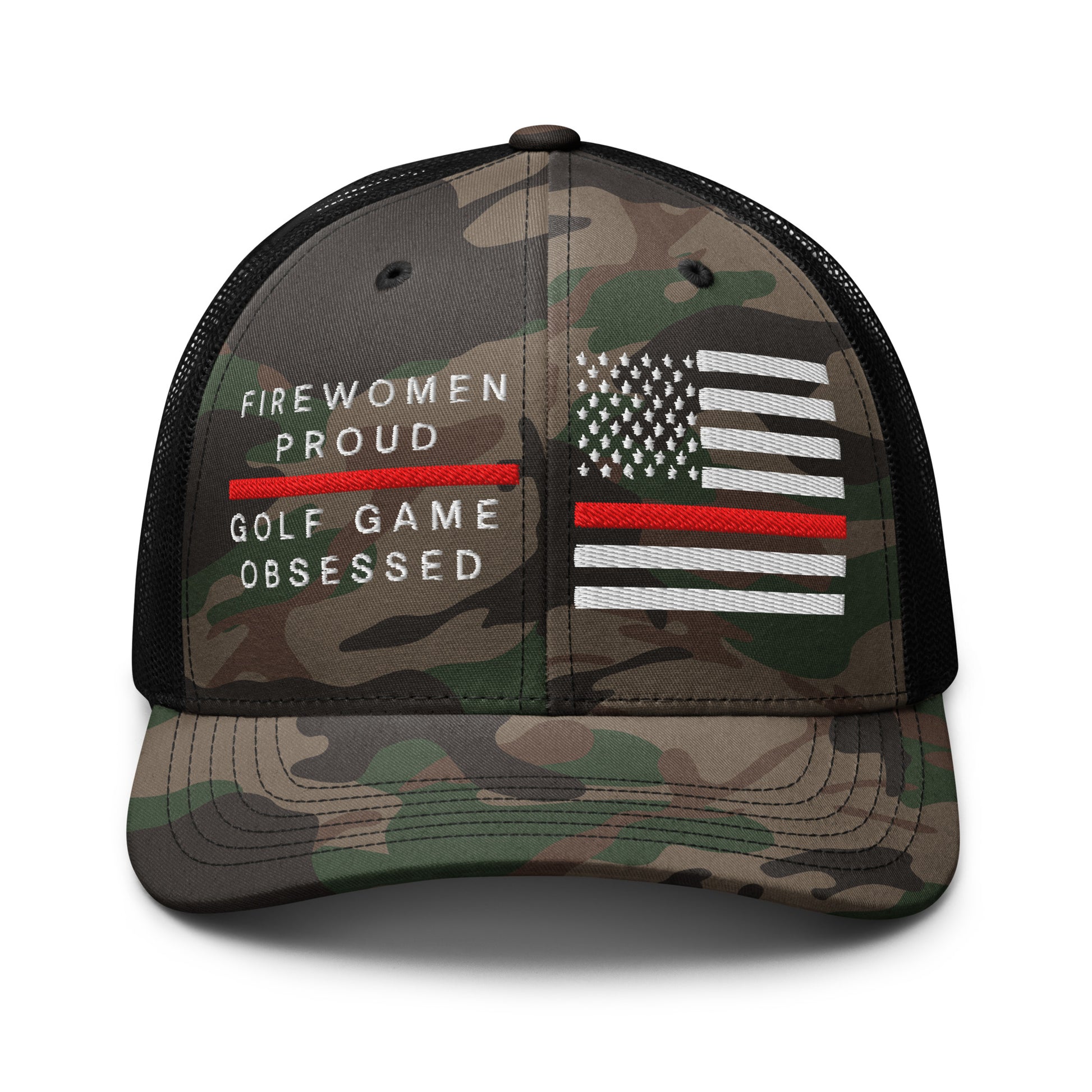 Black camo mesh back cap thin red line American flag embroidery women