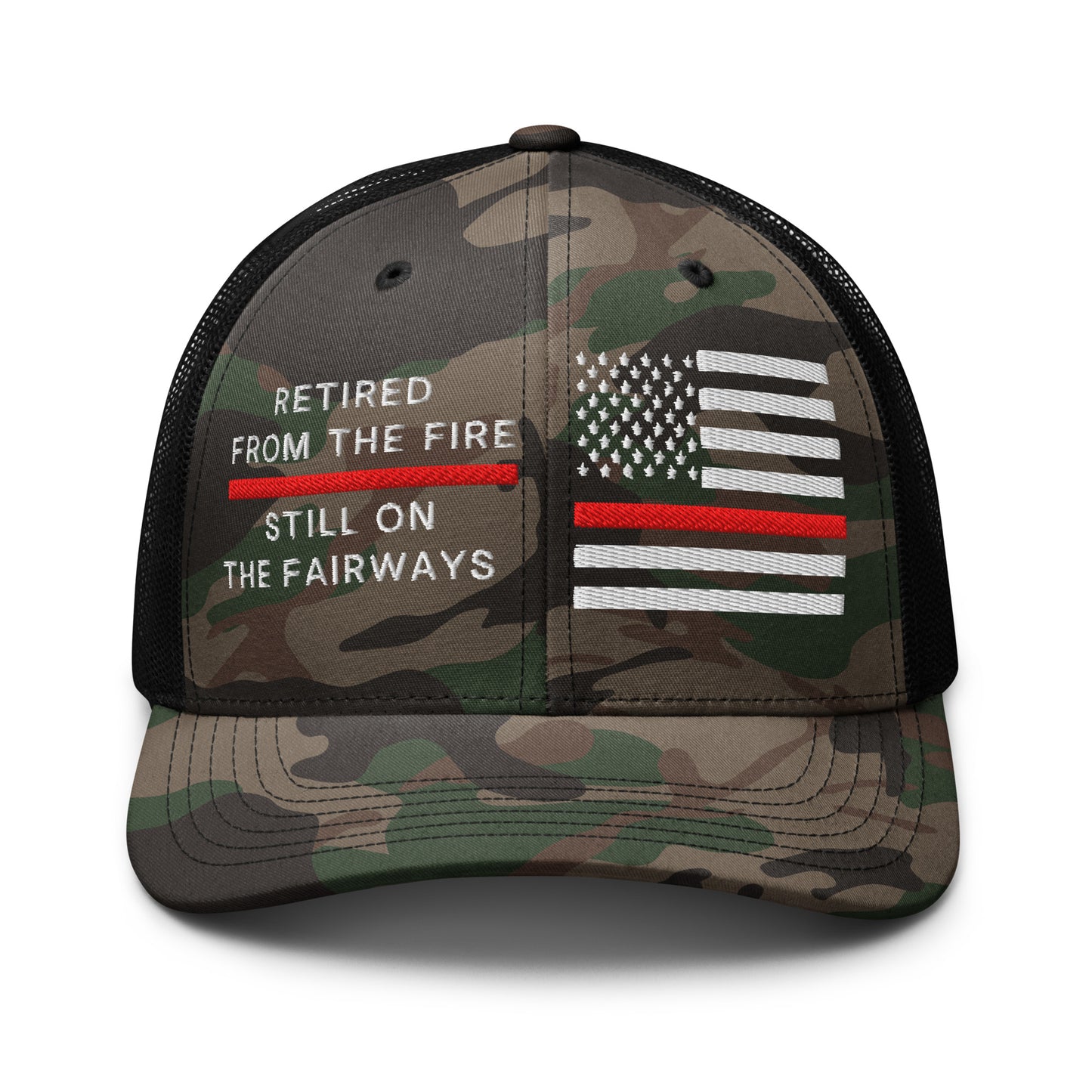Black camo mesh back cap thin red line American flag embroidery retired firefighter