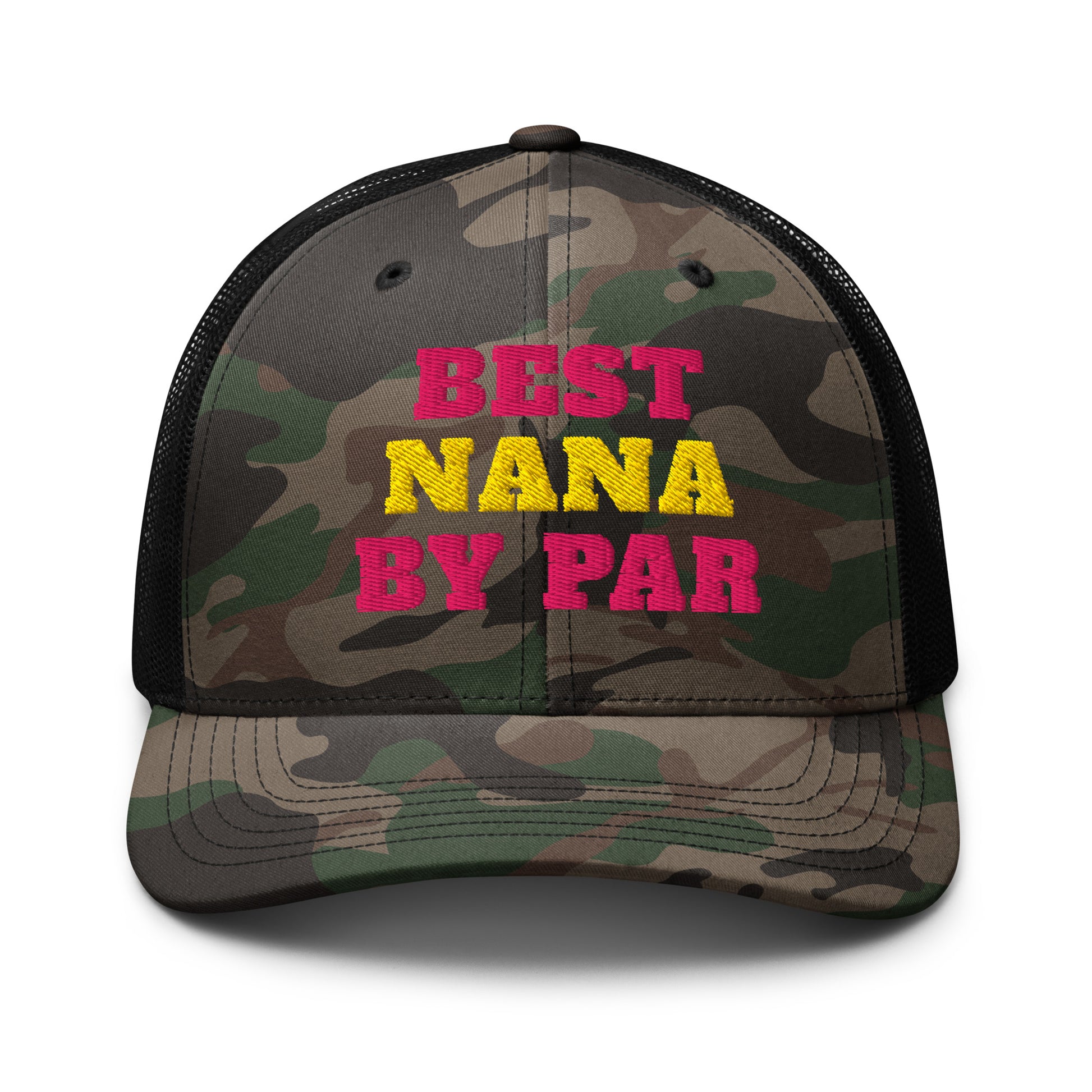 Black camo golf nana hat with pink and yellow embroidery