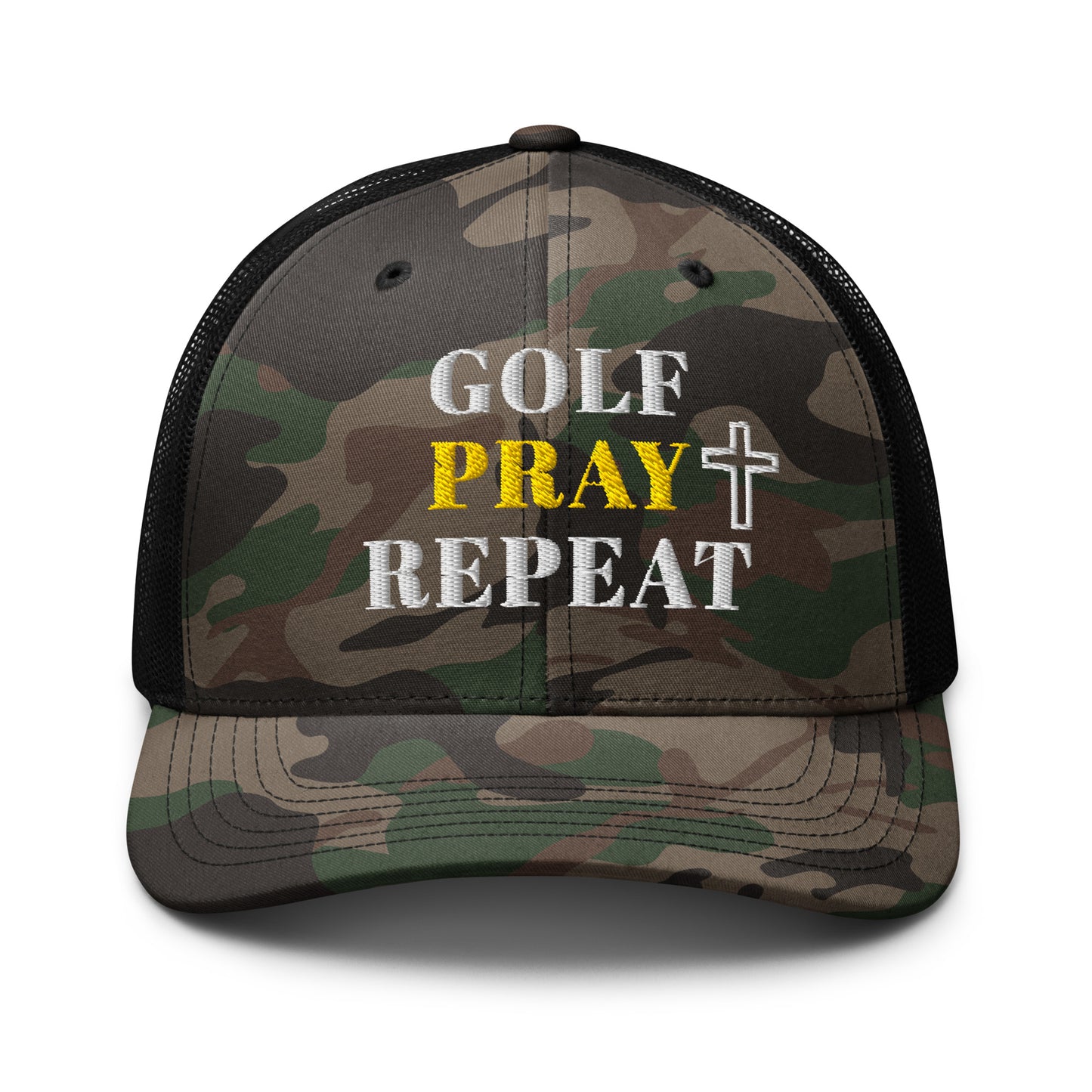 Black camo Christian golf hat with cross embroidery