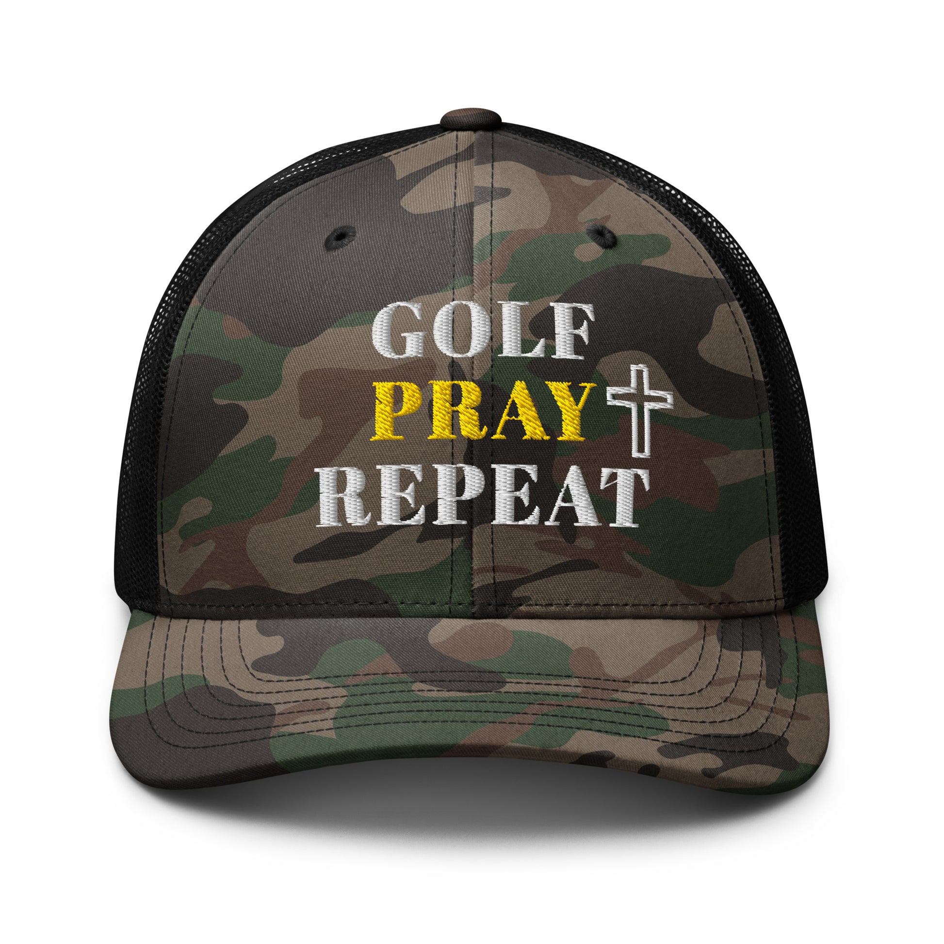 Black camo Christian golf hat with cross embroidery