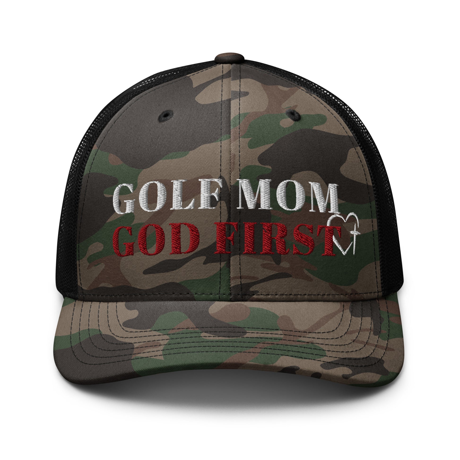 Black camo golf mom hat with red and white embroidery