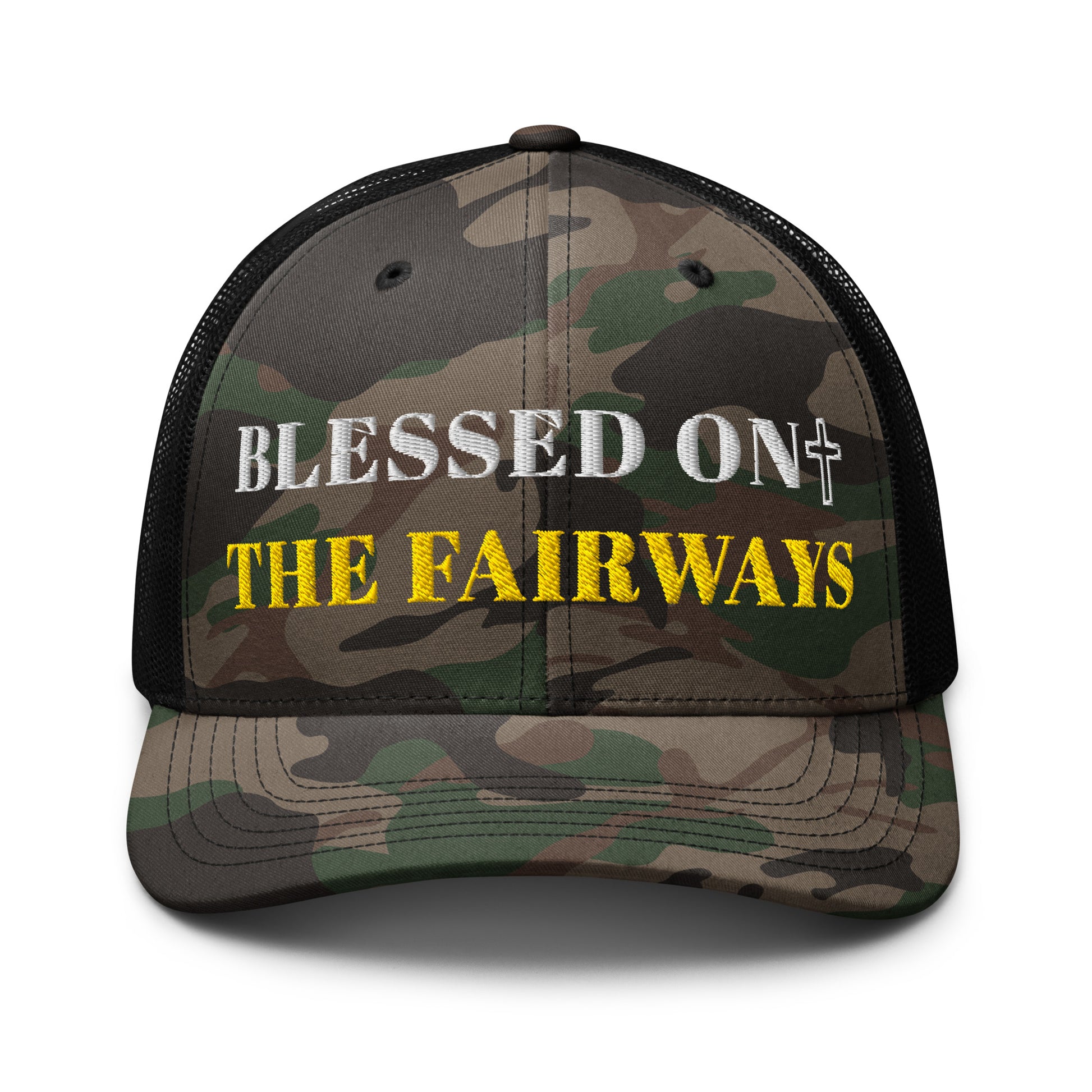 Blessed On The Fairways black camo trucker hat front view