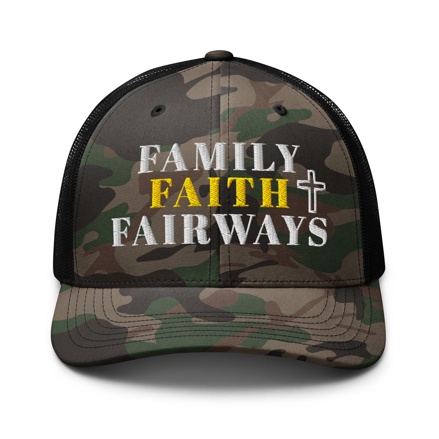 Family Faith Fairways black cap white and gold cross embroidery