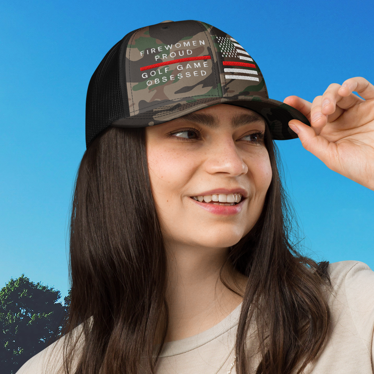 Black camo trucker hat firewomen proud golf game obsessed embroidery front