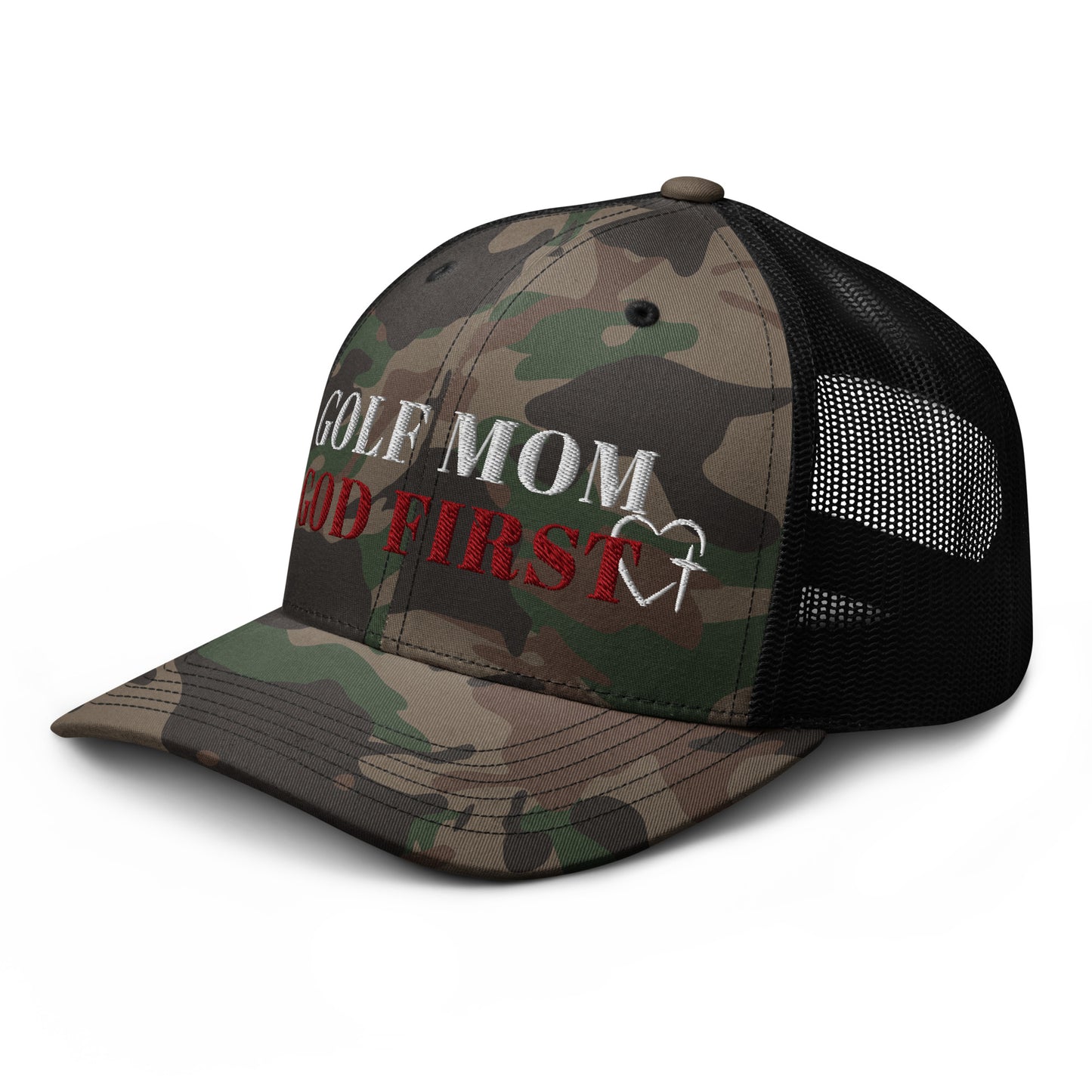 Black camo Golf Mom God First cap side profile view