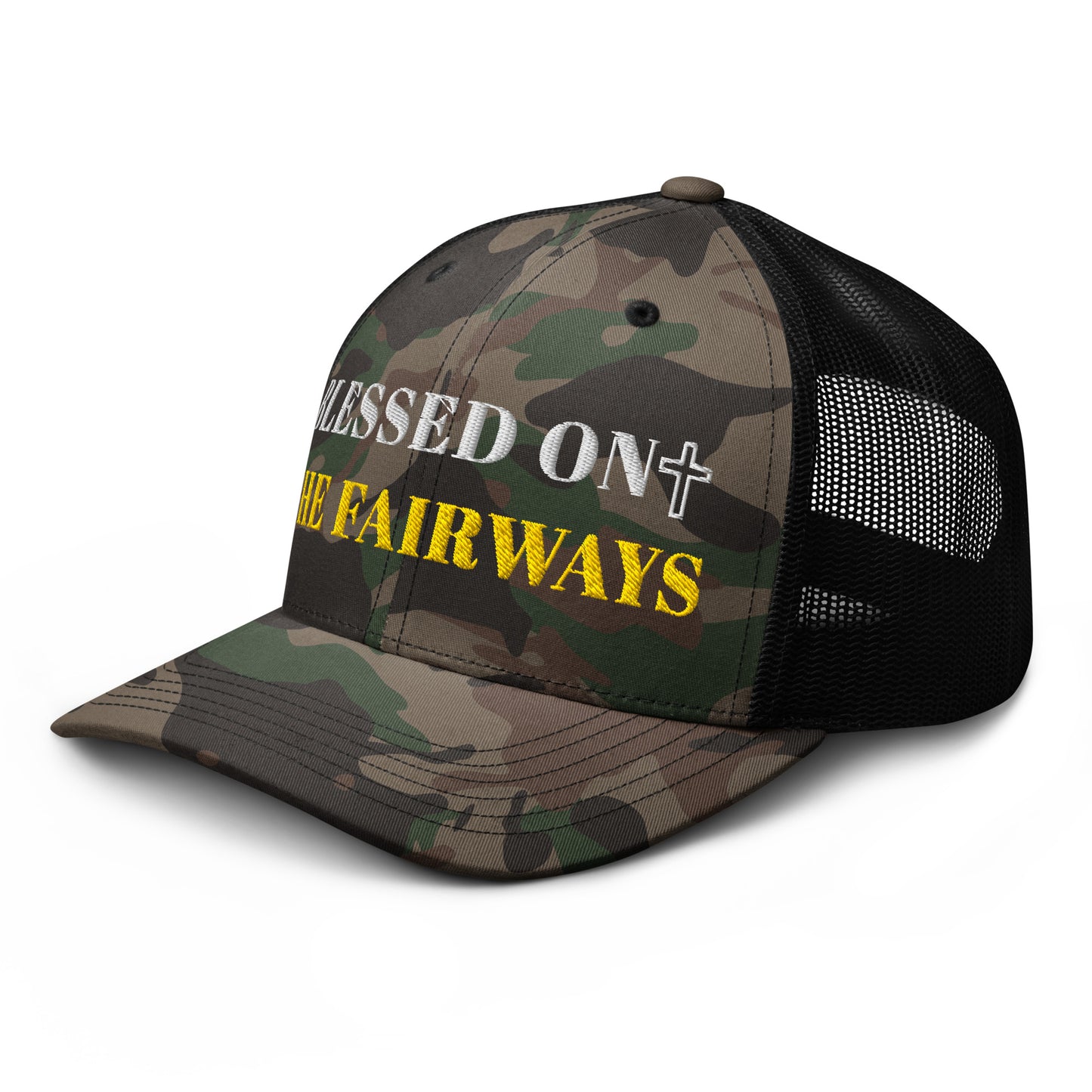 Blessed On The Fairways black camo trucker hat side view