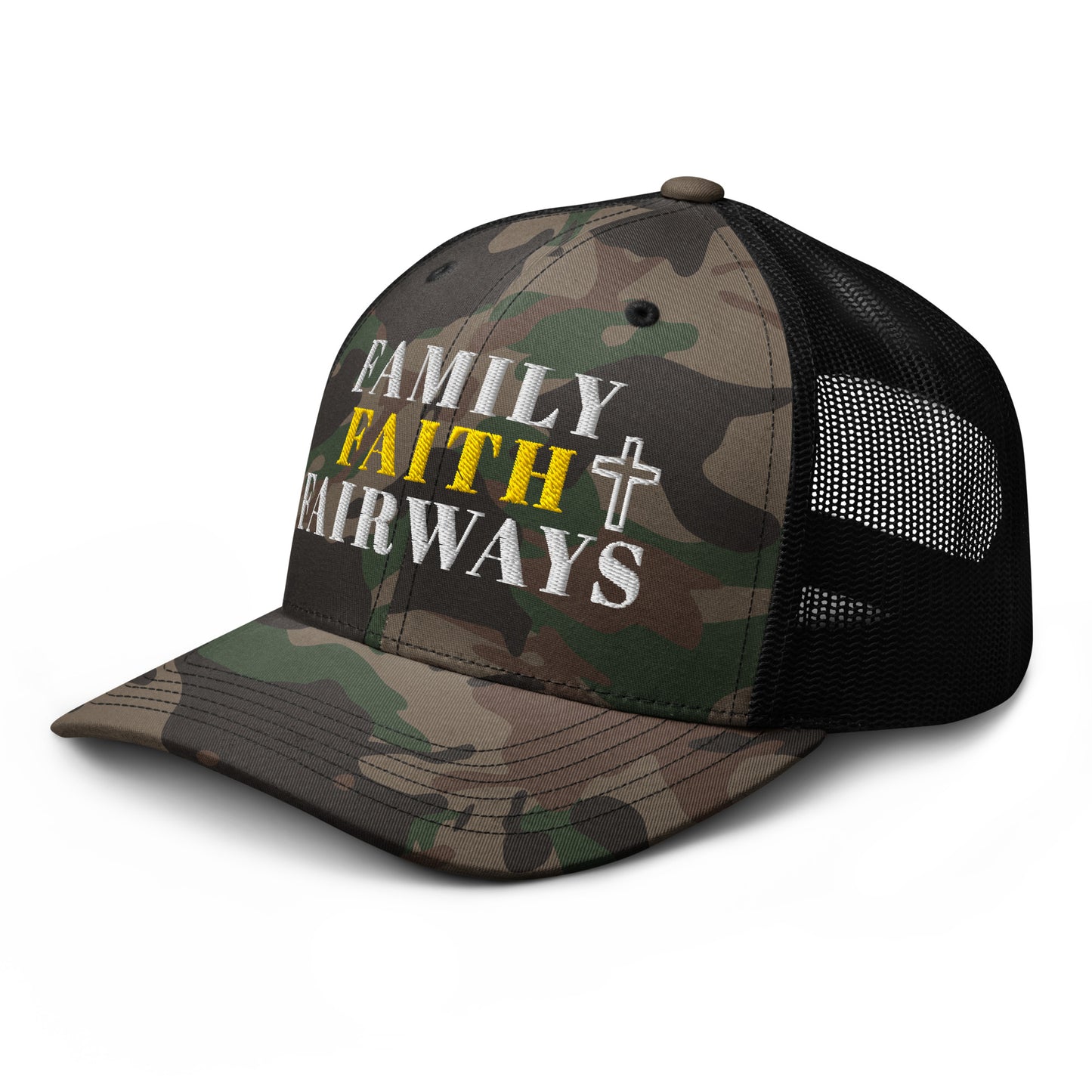 Black camo Christian golf hat family faith fairways
