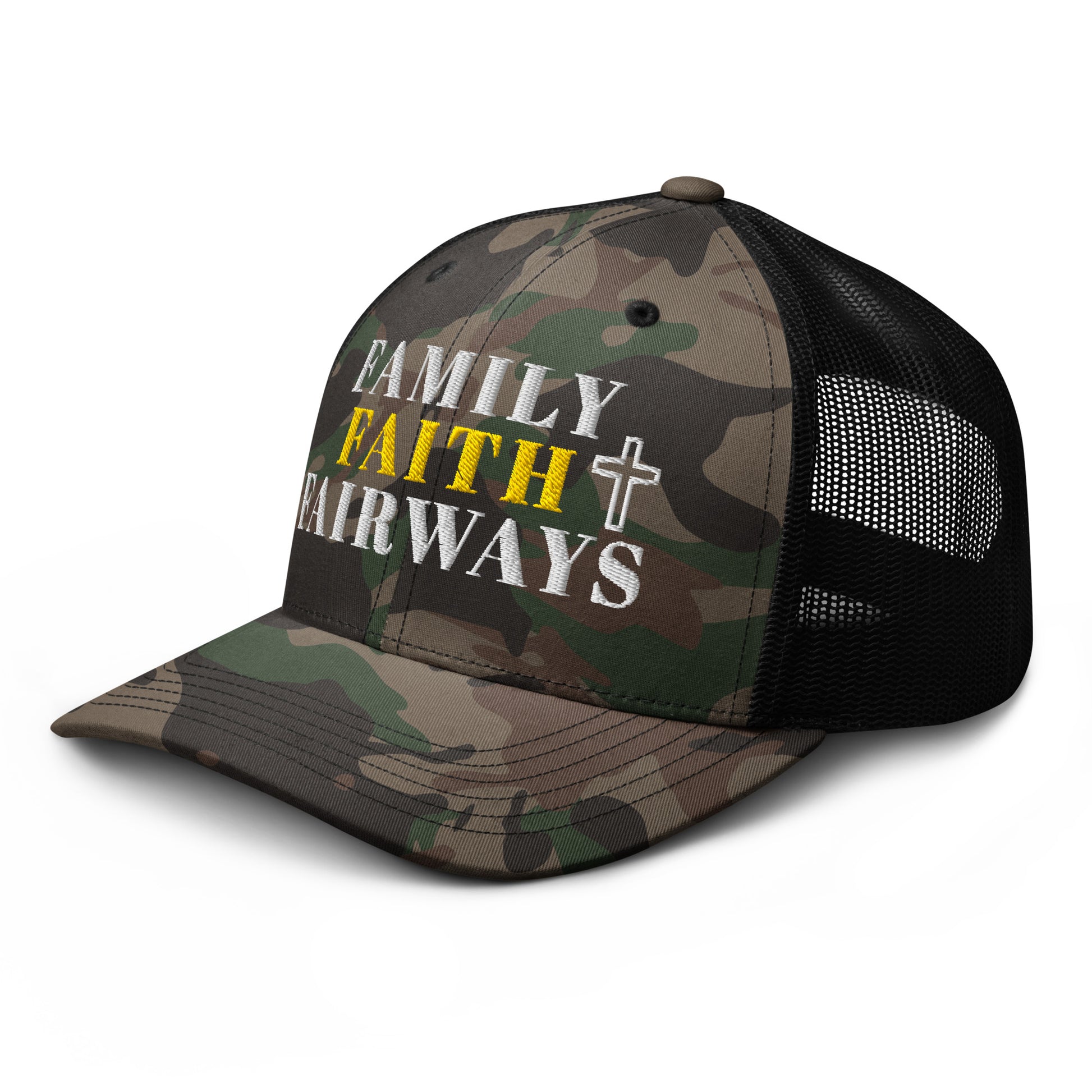 Black camo Christian golf hat family faith fairways