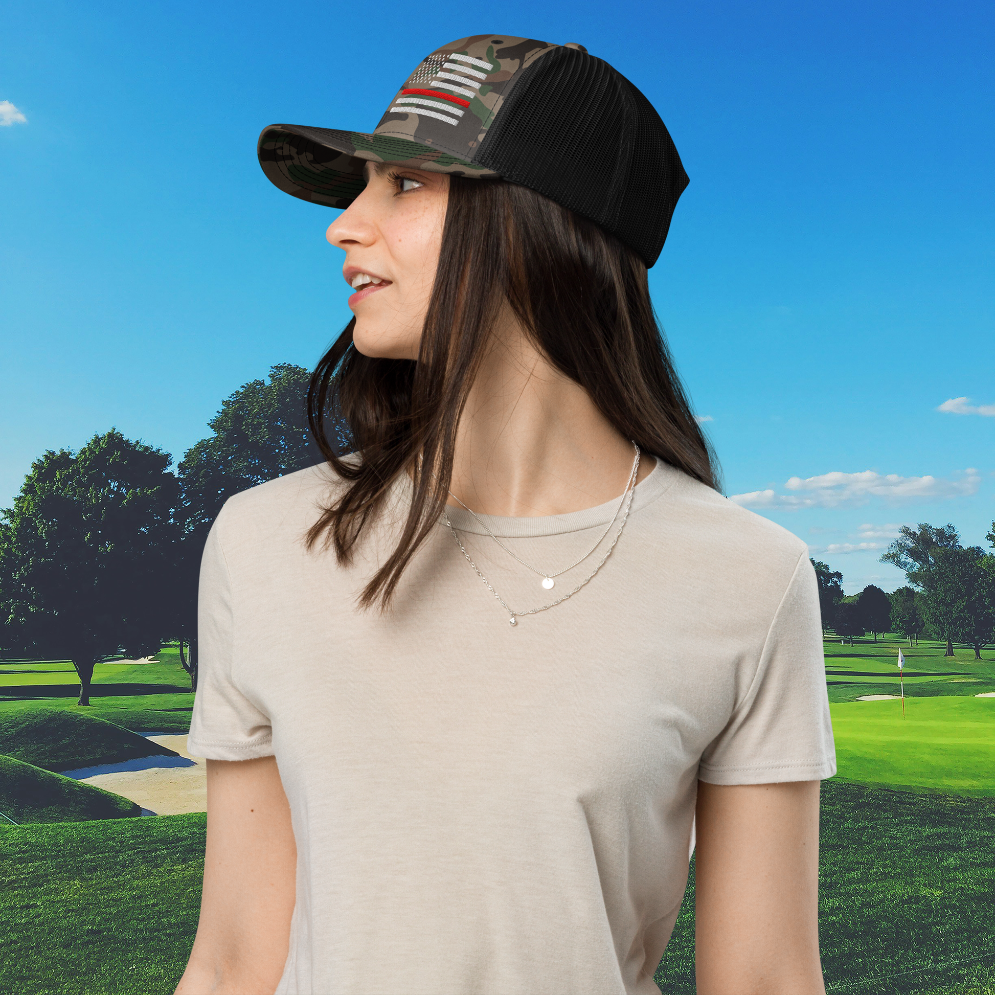 Black camo trucker cap retired fire service still on fairways golf women's hat