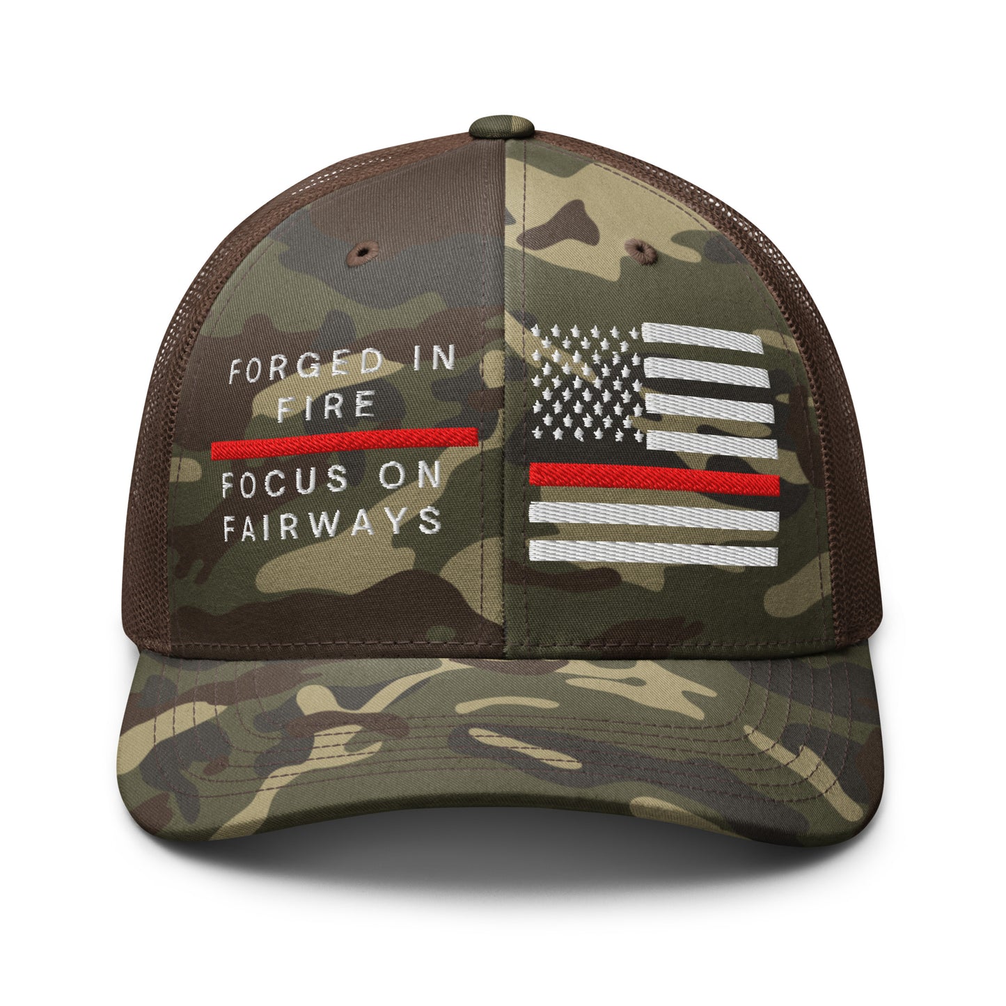 Brown firefighter camo trucker hat with Forged in Fire Focus on Fairways design