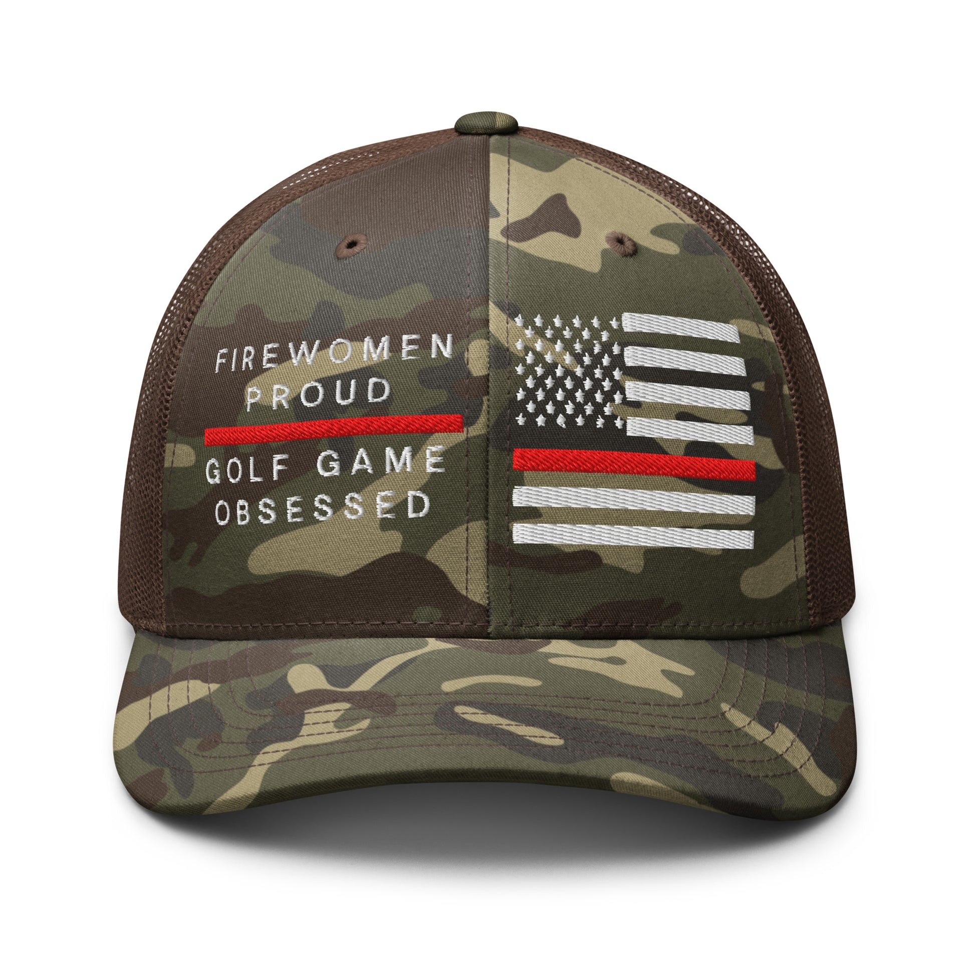 Brown camo trucker hat firewomen proud golf game obsessed embroidery front
