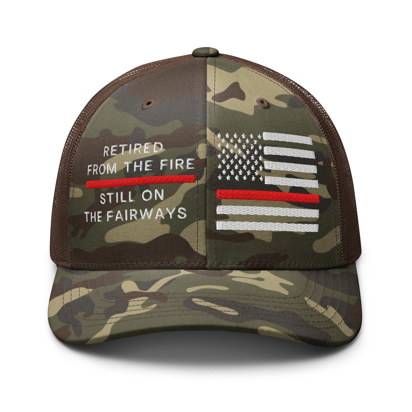 Brown camo trucker hat retired from the fire still on the fairways embroidery front