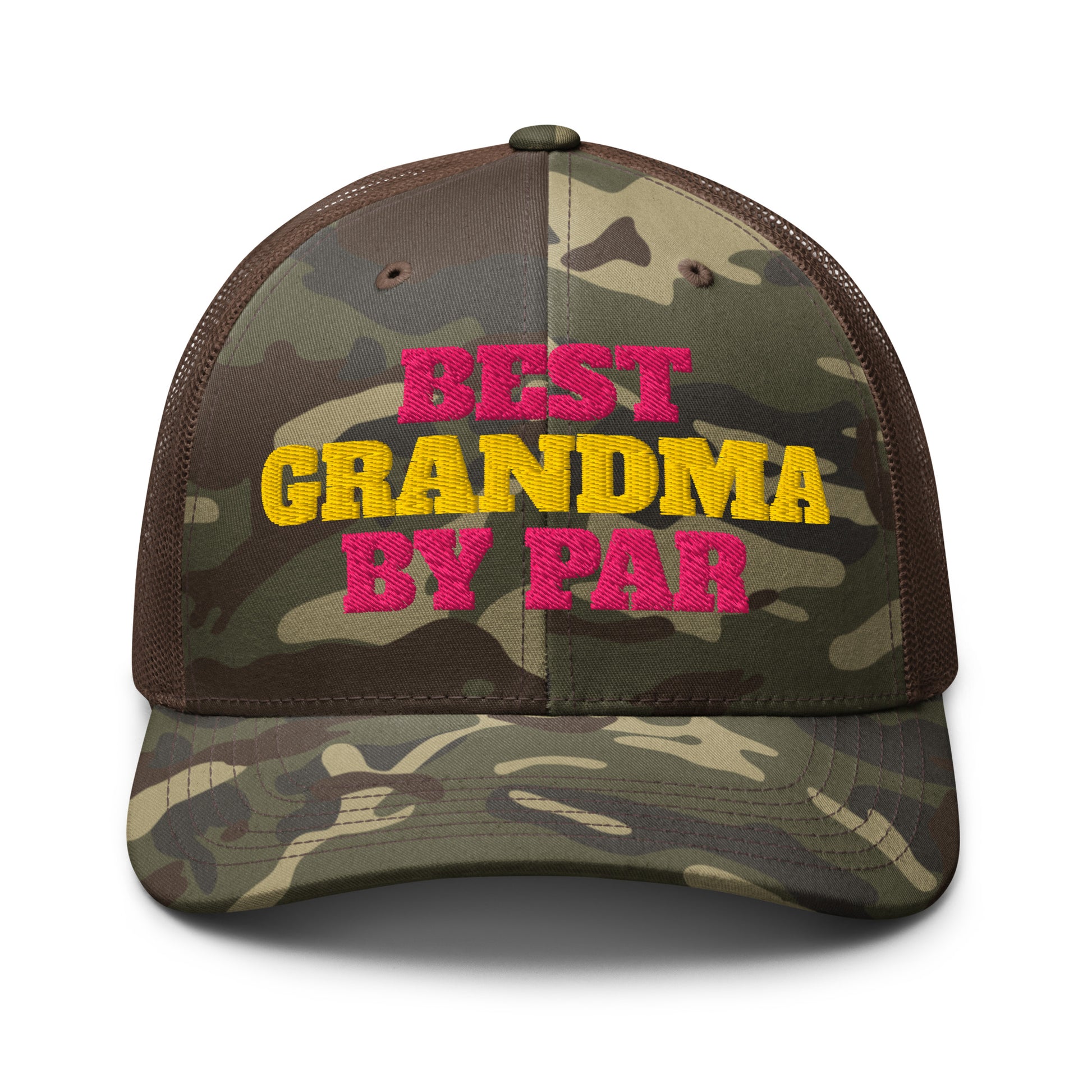 Brown camo trucker hat best grandma by par bold pink yellow embroidery front