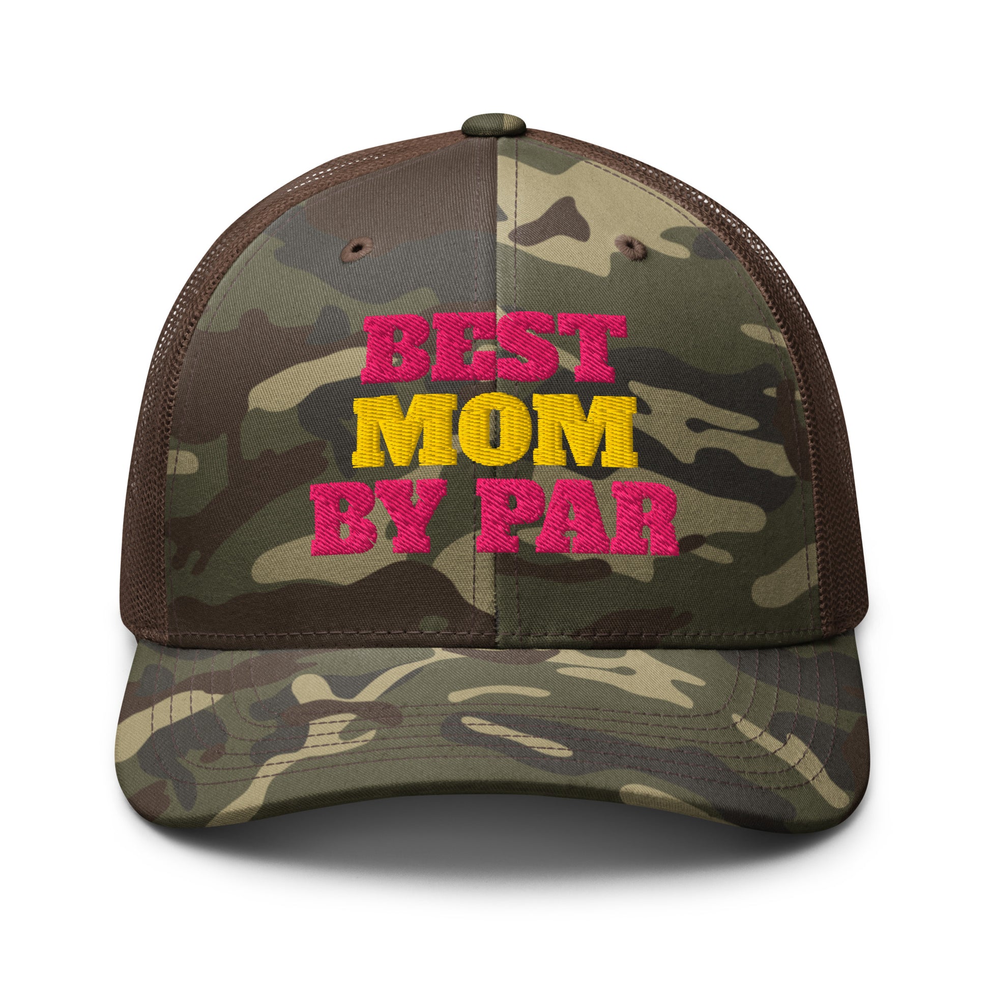 Brown camo trucker hat best mom by par bold pink yellow embroidery front view