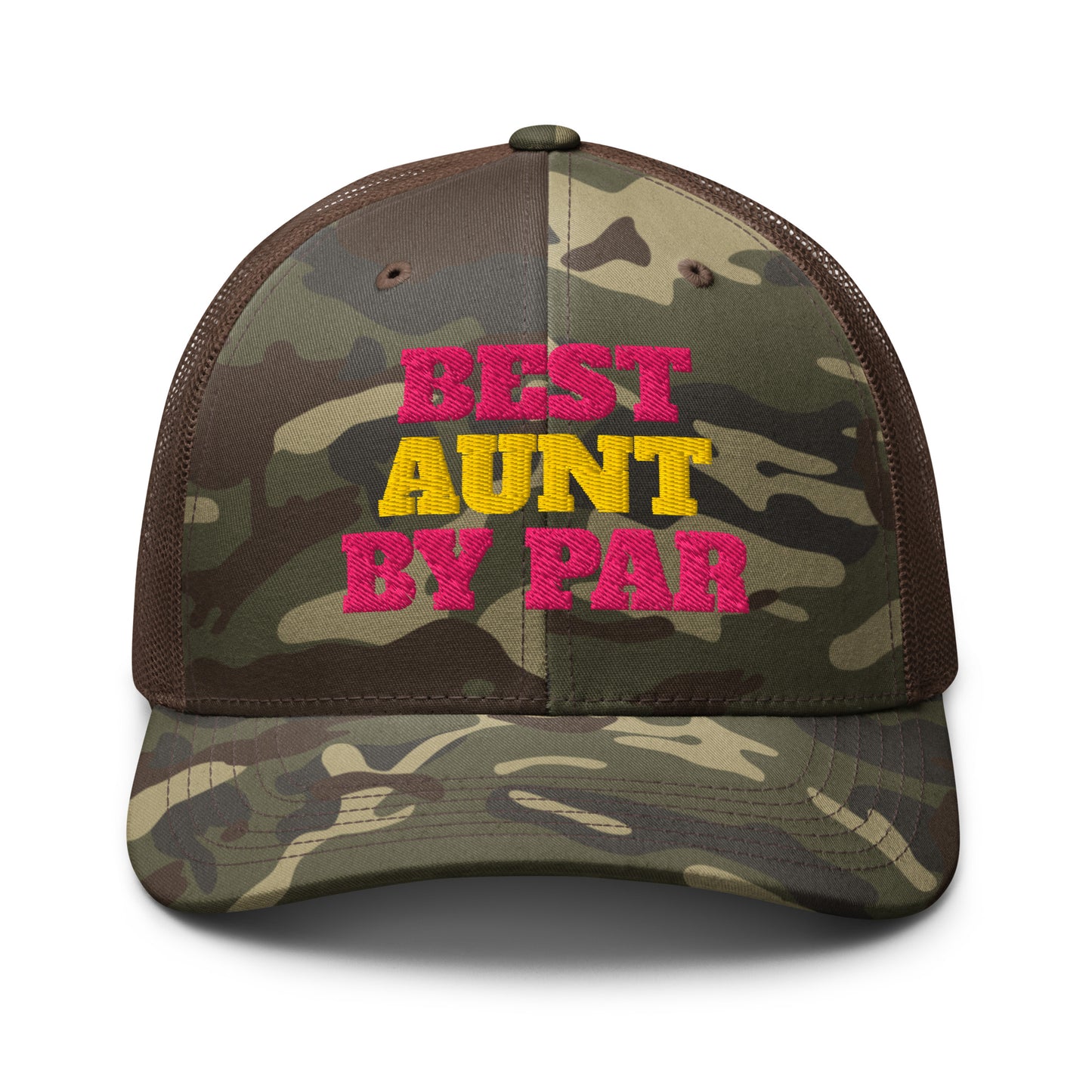 Brown camo trucker hat best aunt by par bold pink yellow embroidery front view