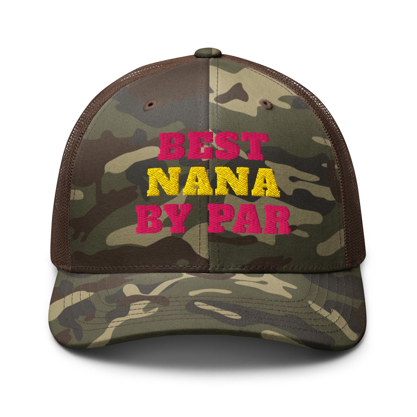 Best Nana By Par brown camo trucker hat front view