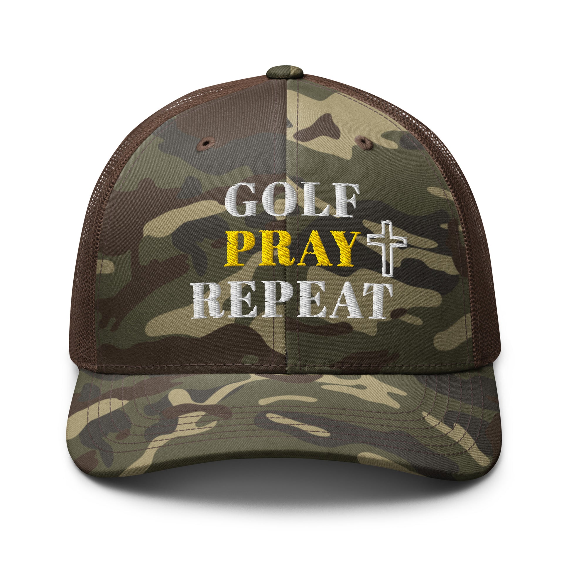 Golf Pray Repeat brown camo trucker hat front view