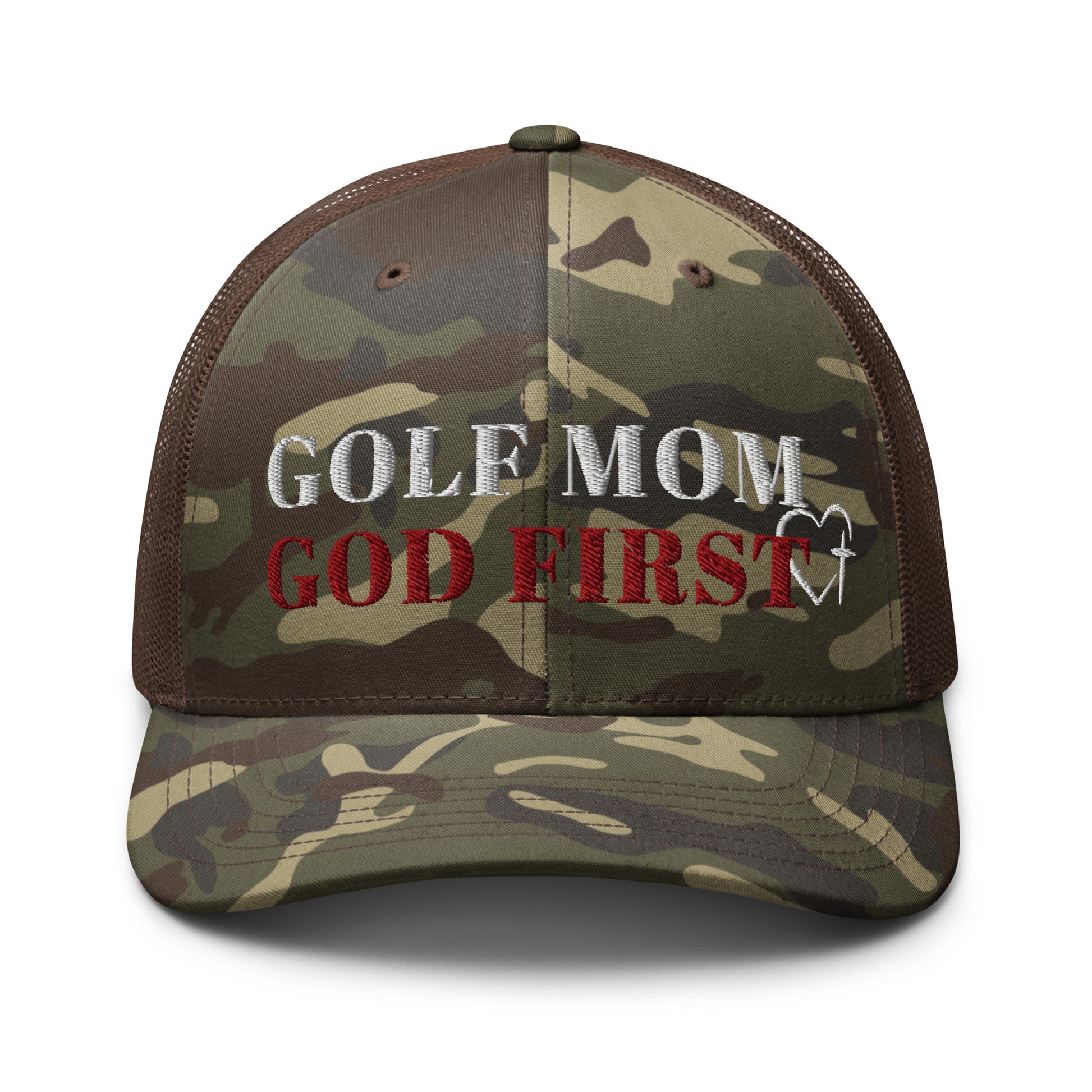 Golf Mom God First brown camo trucker hat front view