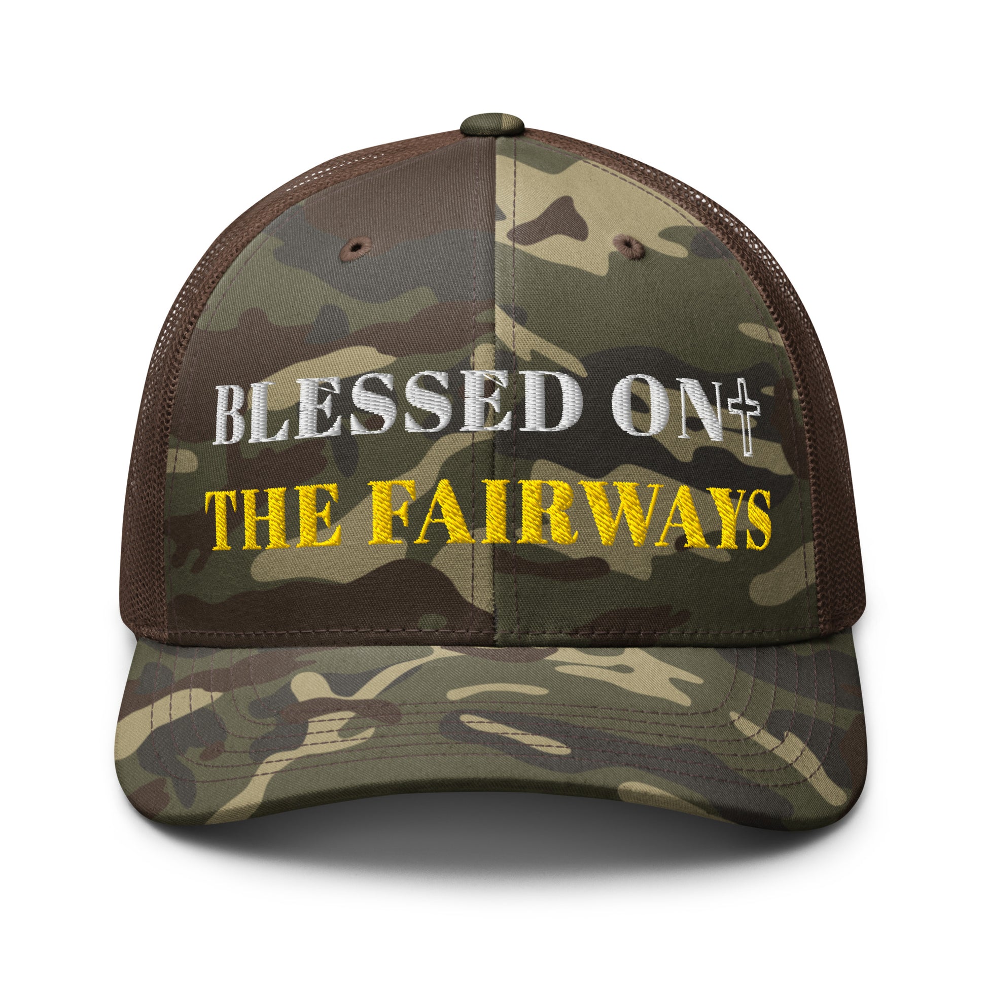 Blessed On The Fairways brown camo trucker hat front view