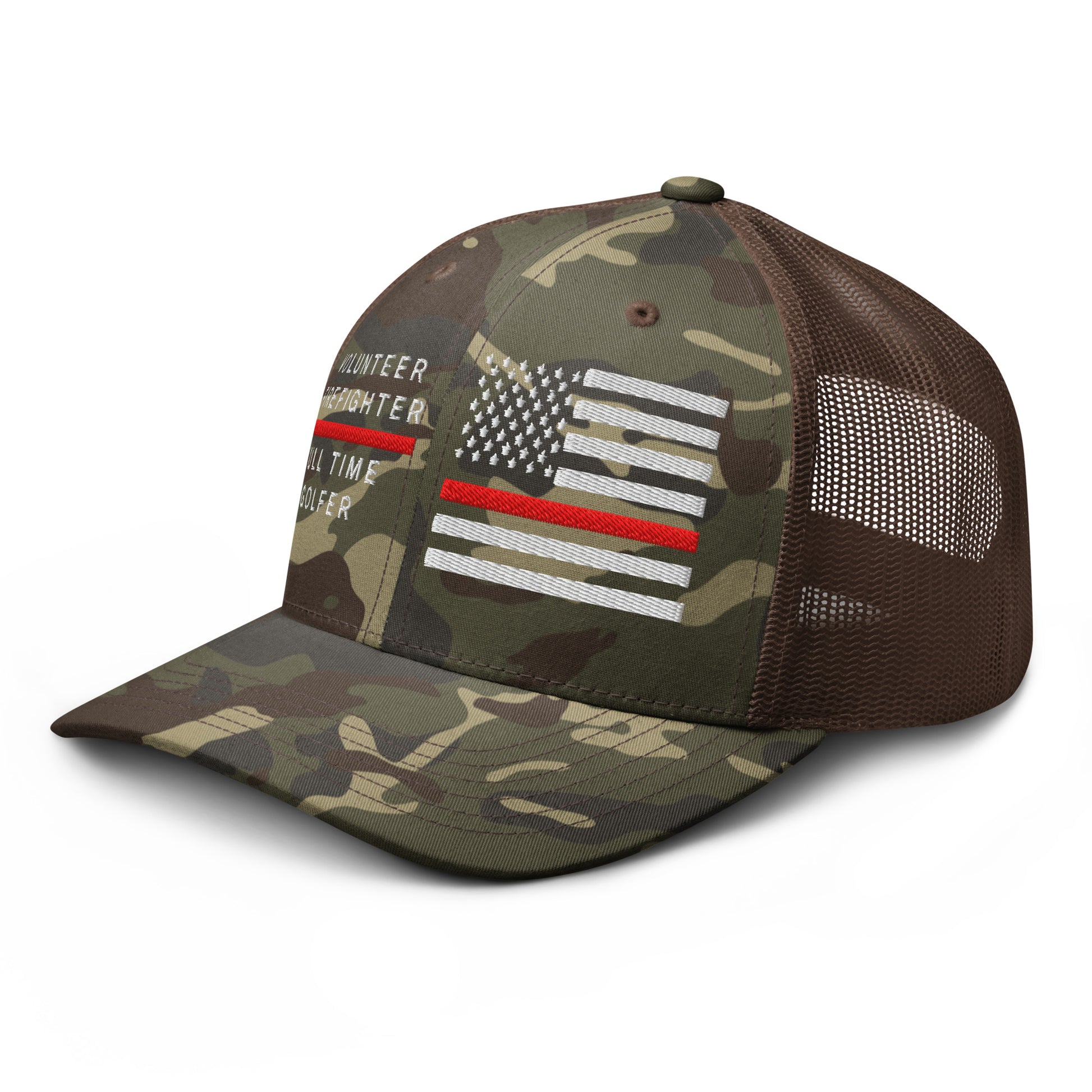Women's brown camo golf hat firefighter full time golfer embroidered front