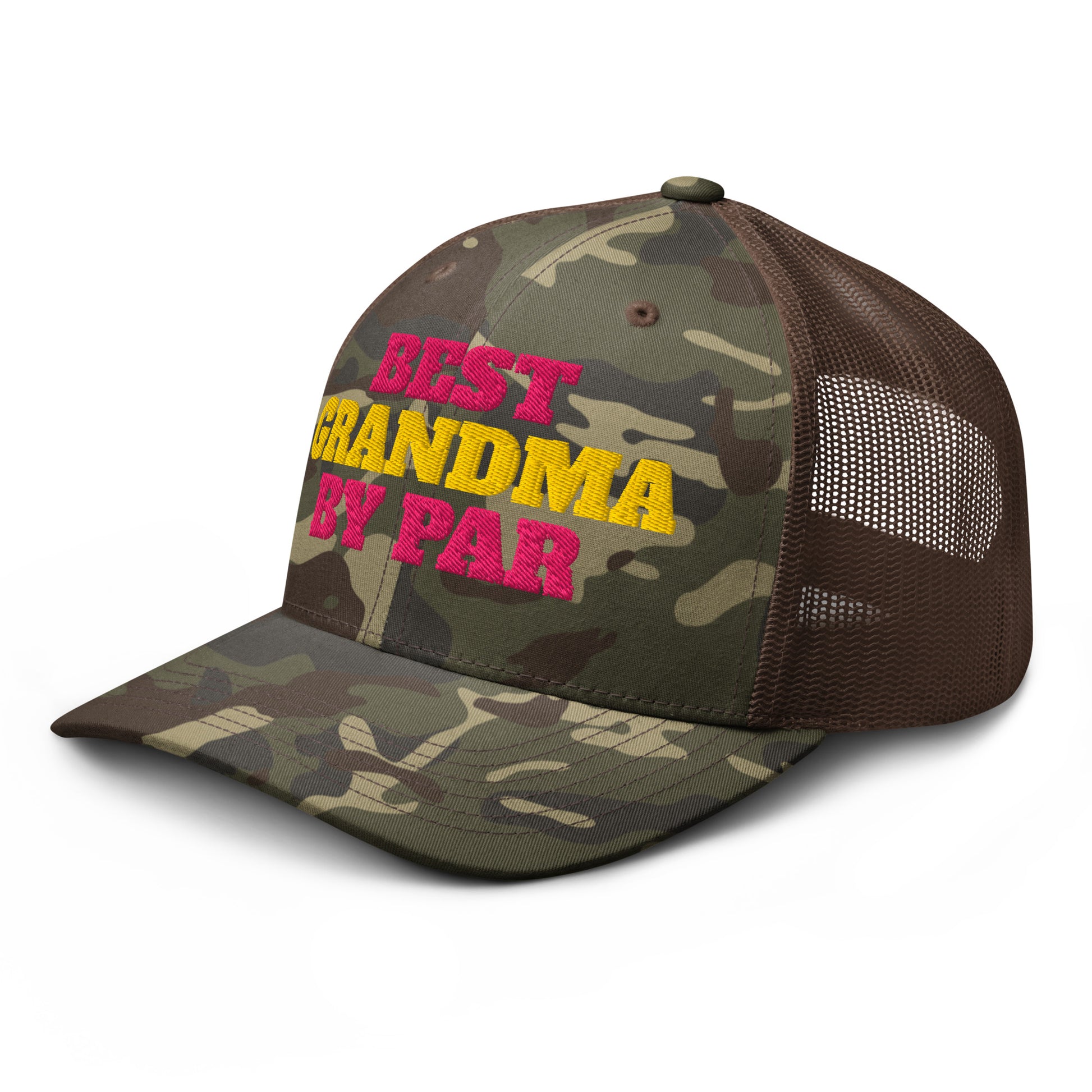 Brown structured 6-panel low profile cap best grandma by par pink yellow wording
