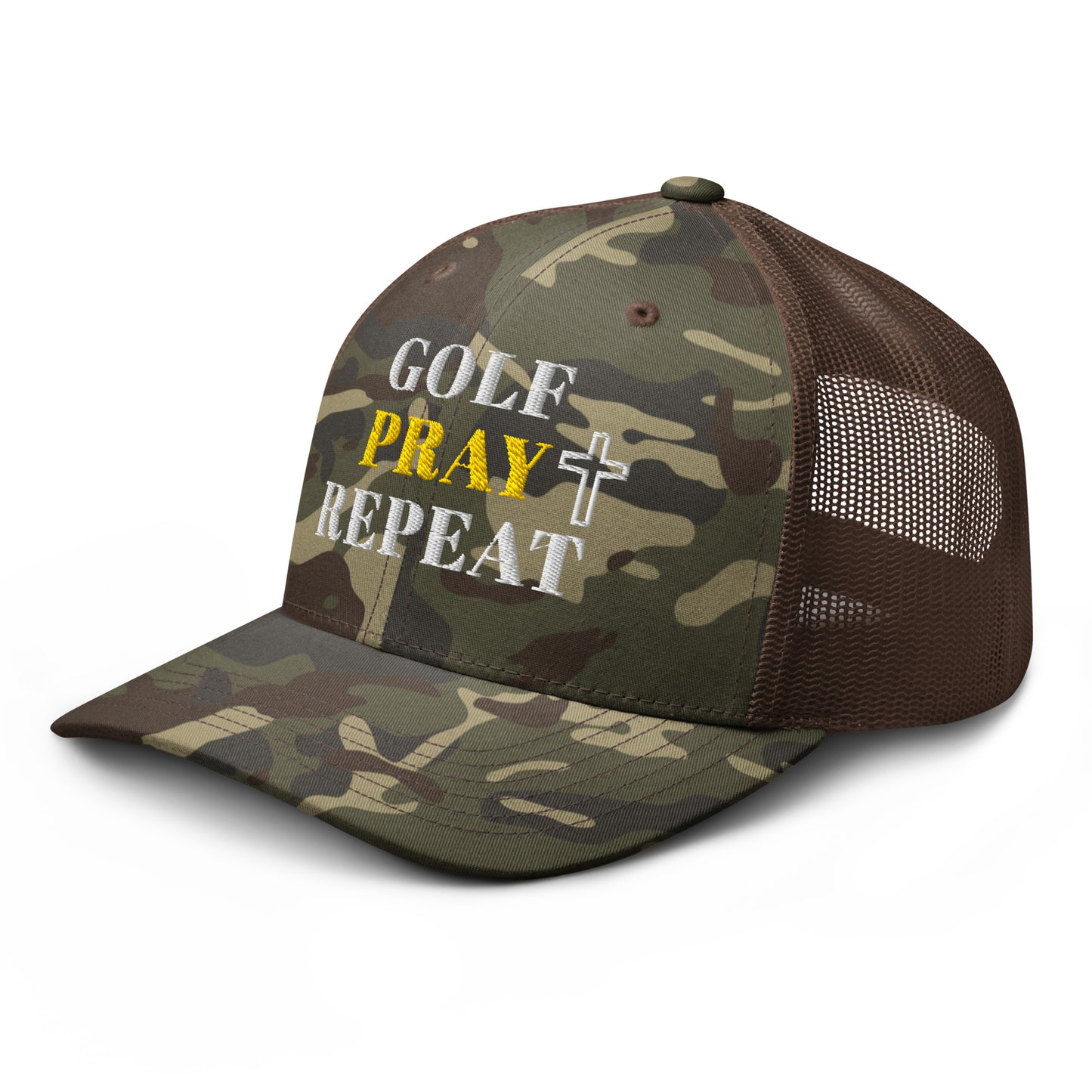 Golf Pray Repeat brown cap adjustable snap back view