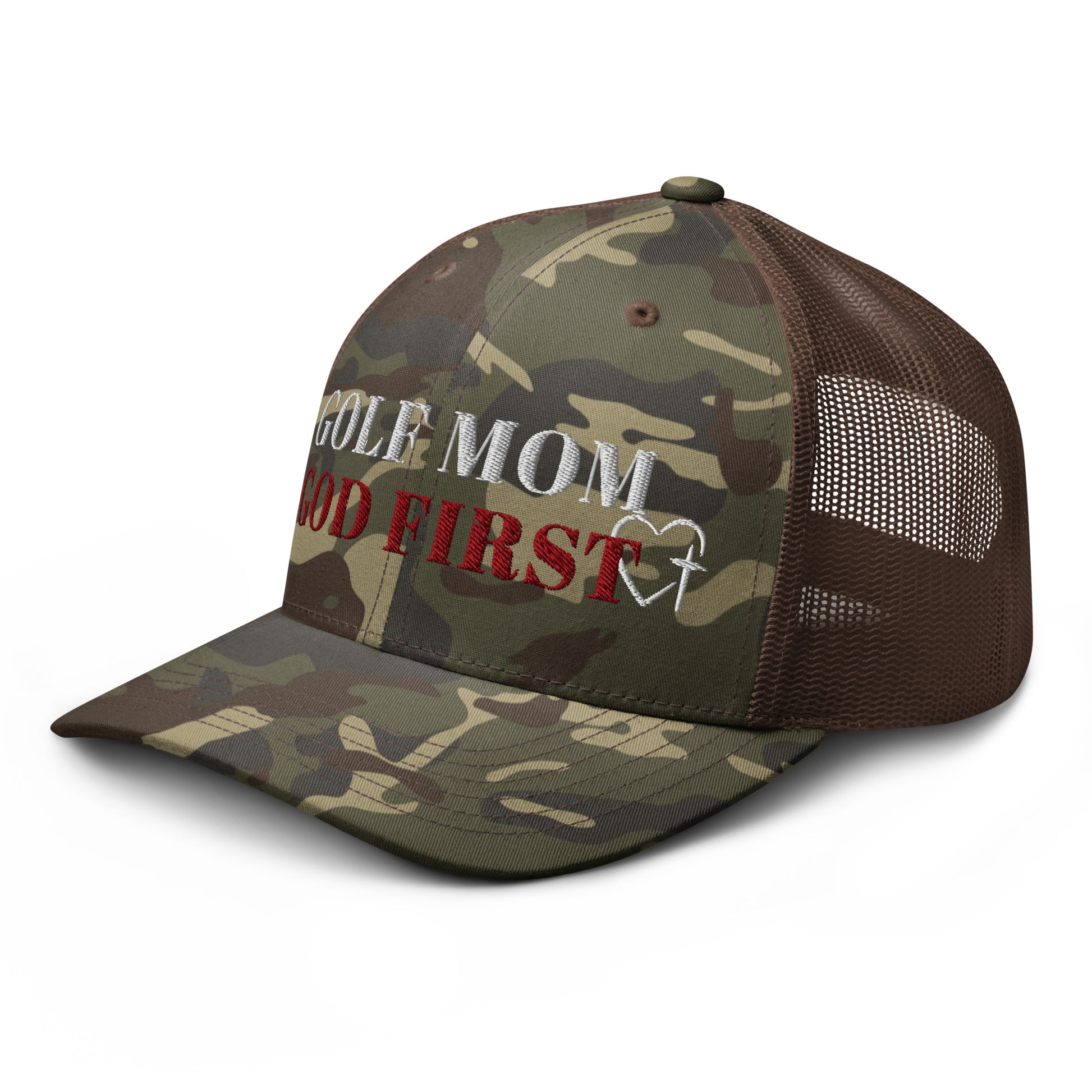Golf Mom God First brown cap adjustable snap back view
