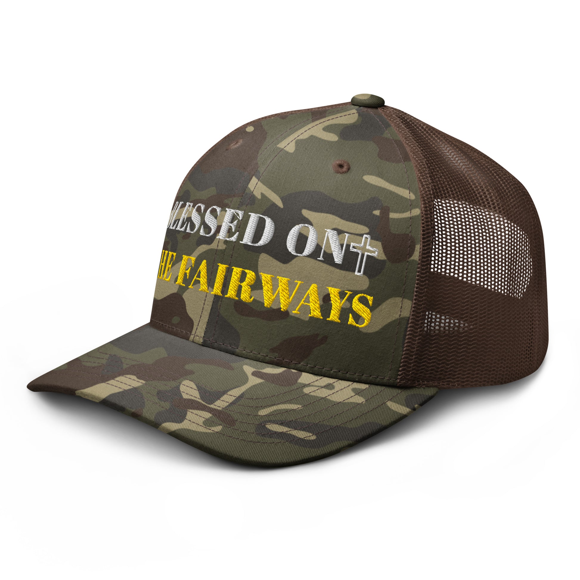 Blessed On The Fairways brown camo trucker hat side view