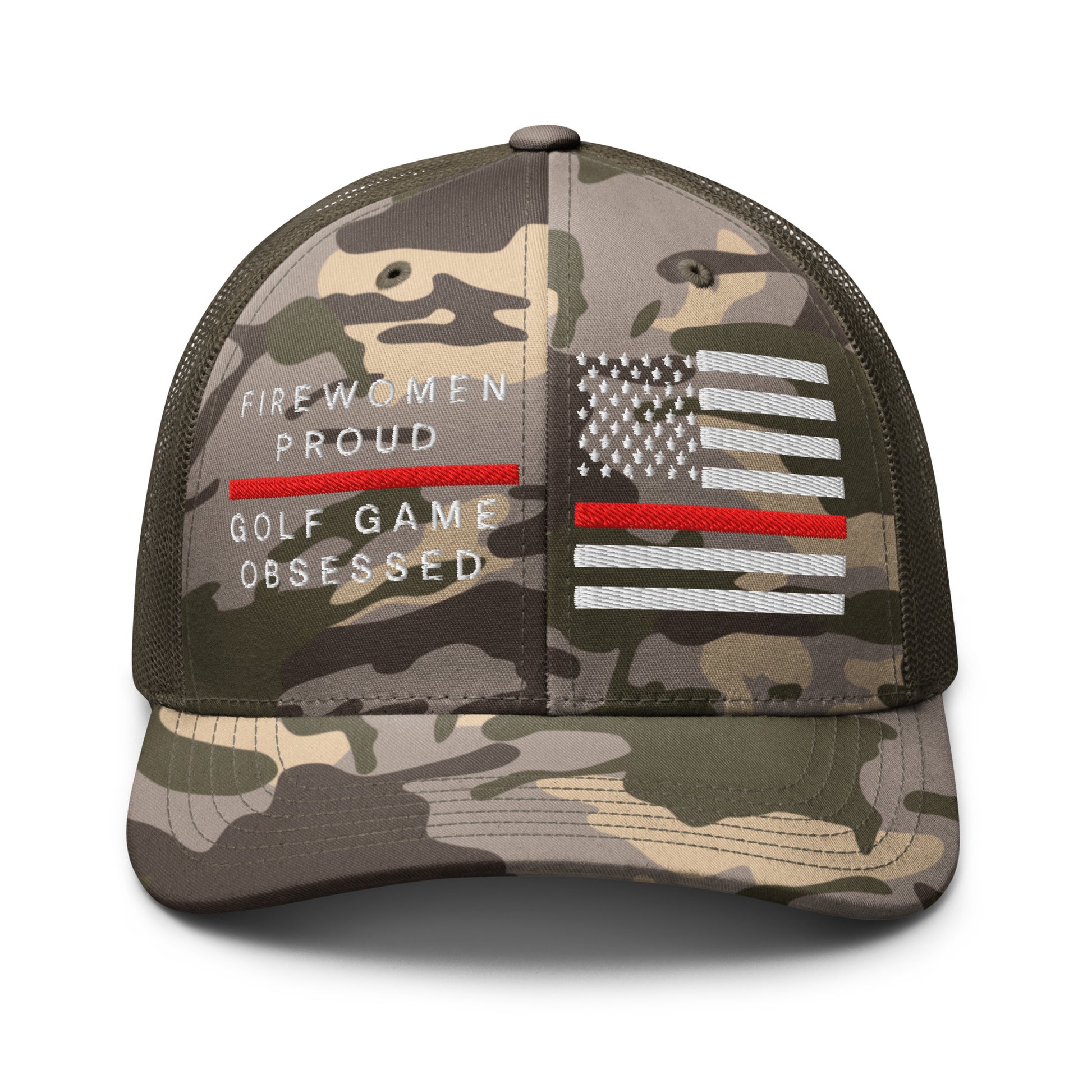 Olive camo trucker hat firewomen proud golf game obsessed embroidery front