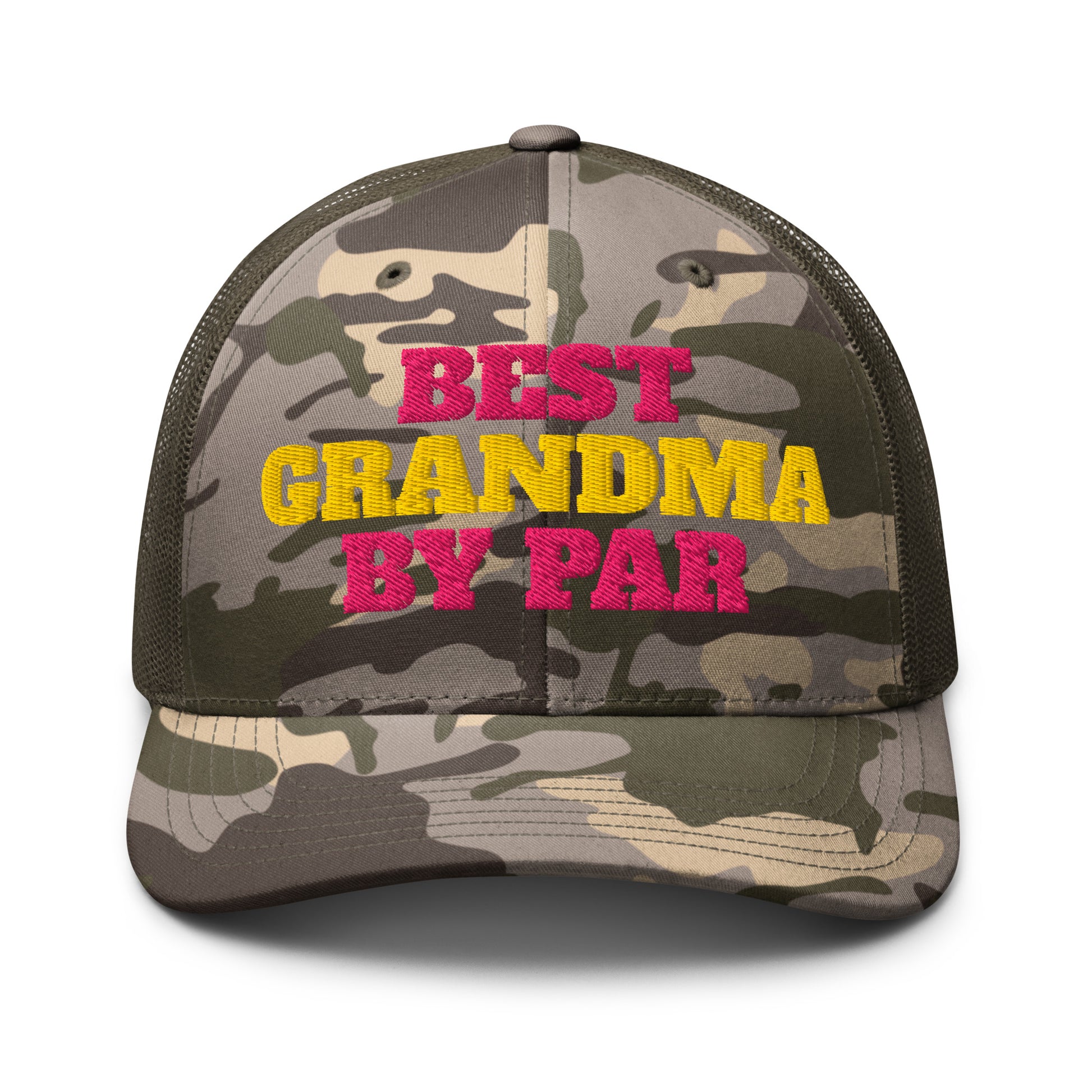 Olive camo trucker hat best grandma by par bold pink yellow embroidery front