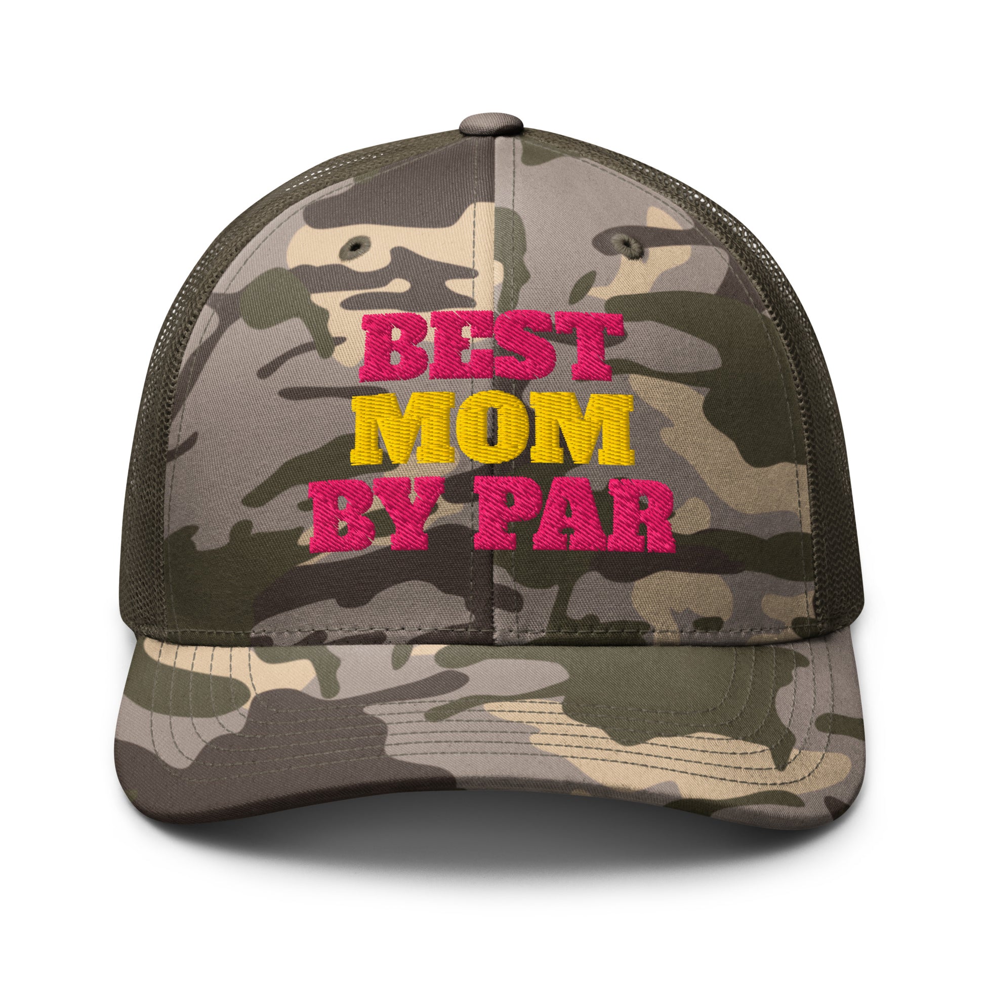 Olive camo trucker hat best mom by par bold pink yellow embroidery front view
