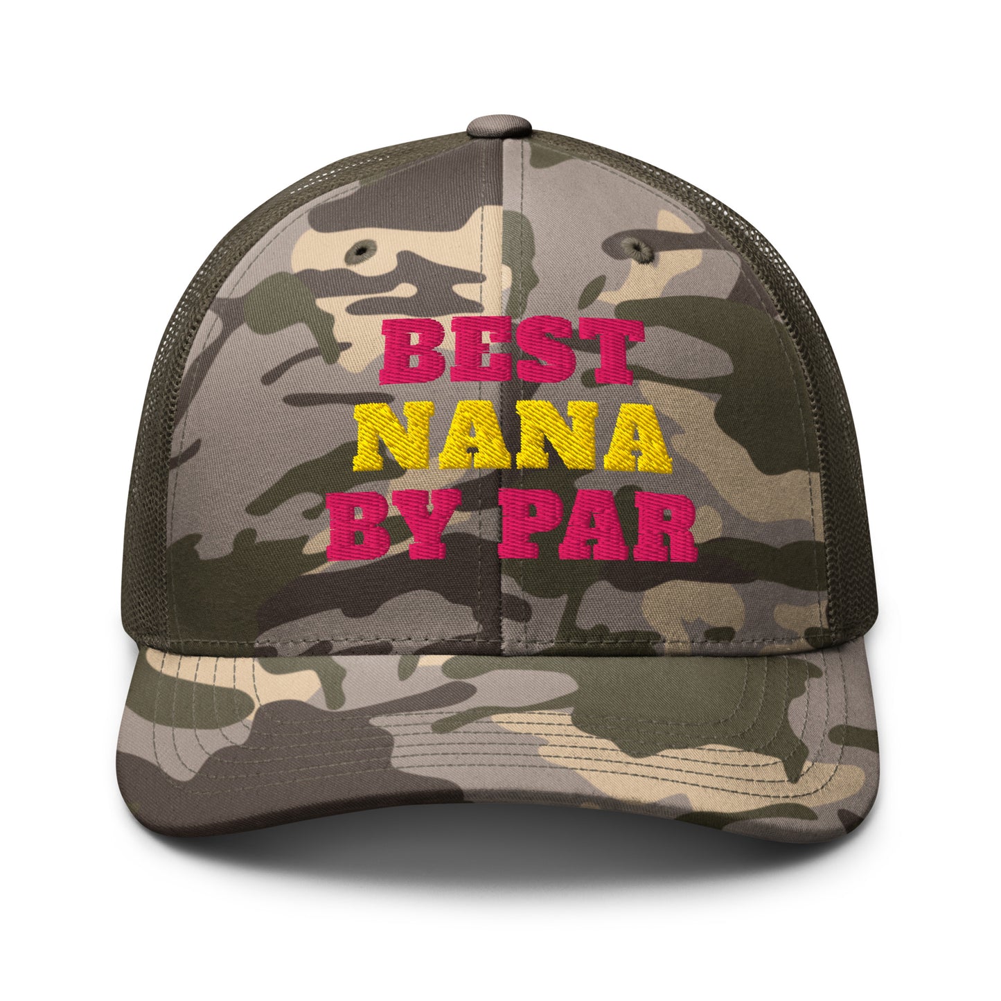 Best Nana By Par olive camo trucker hat front view