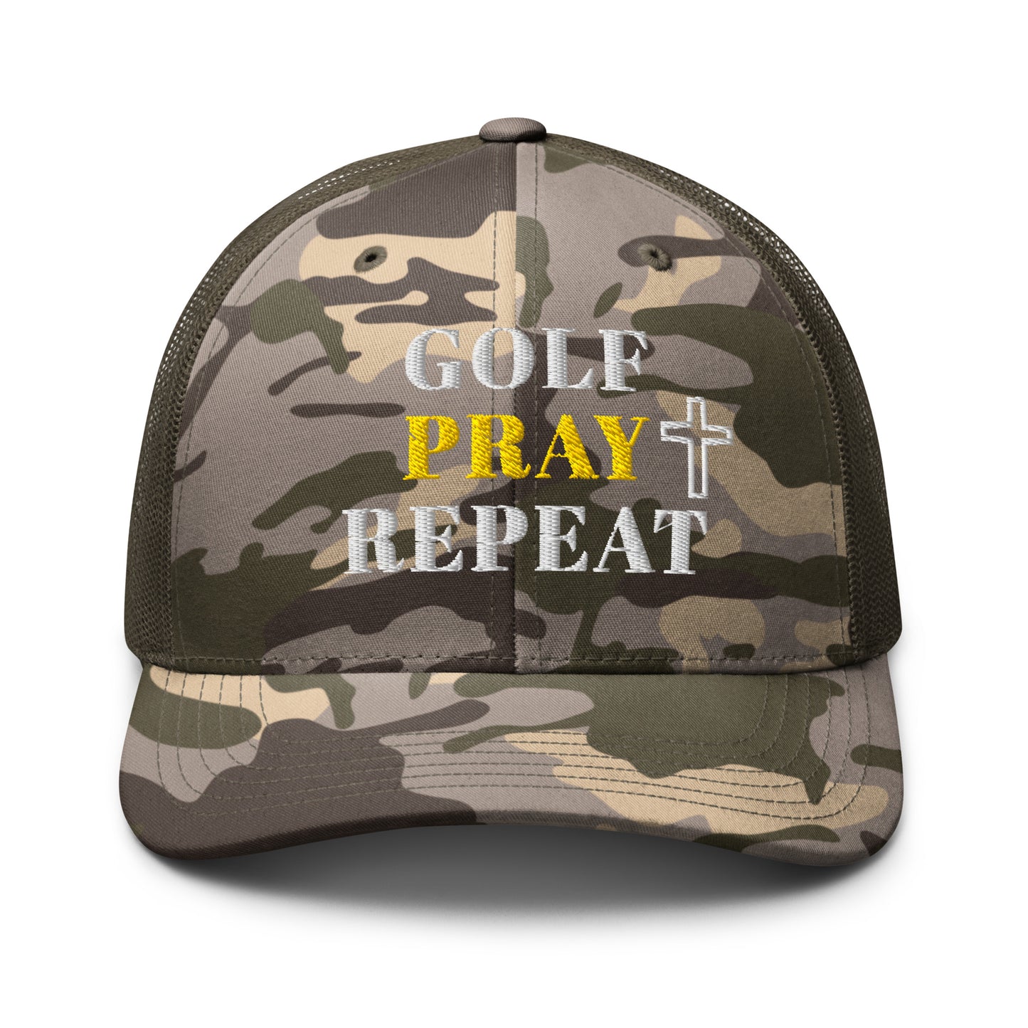 Golf Pray Repeat olive camo trucker hat front view
