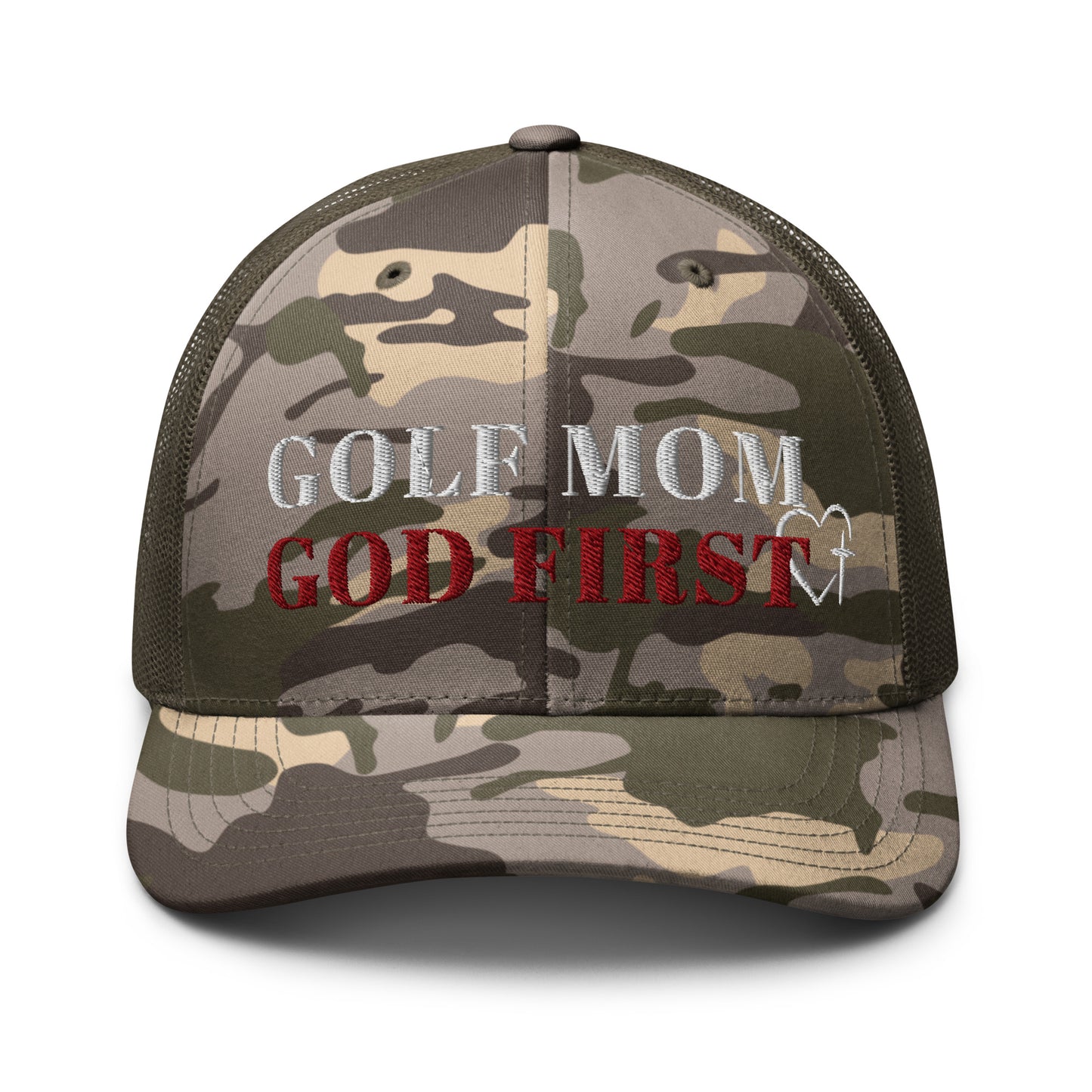 Golf Mom God First olive camo trucker hat front view