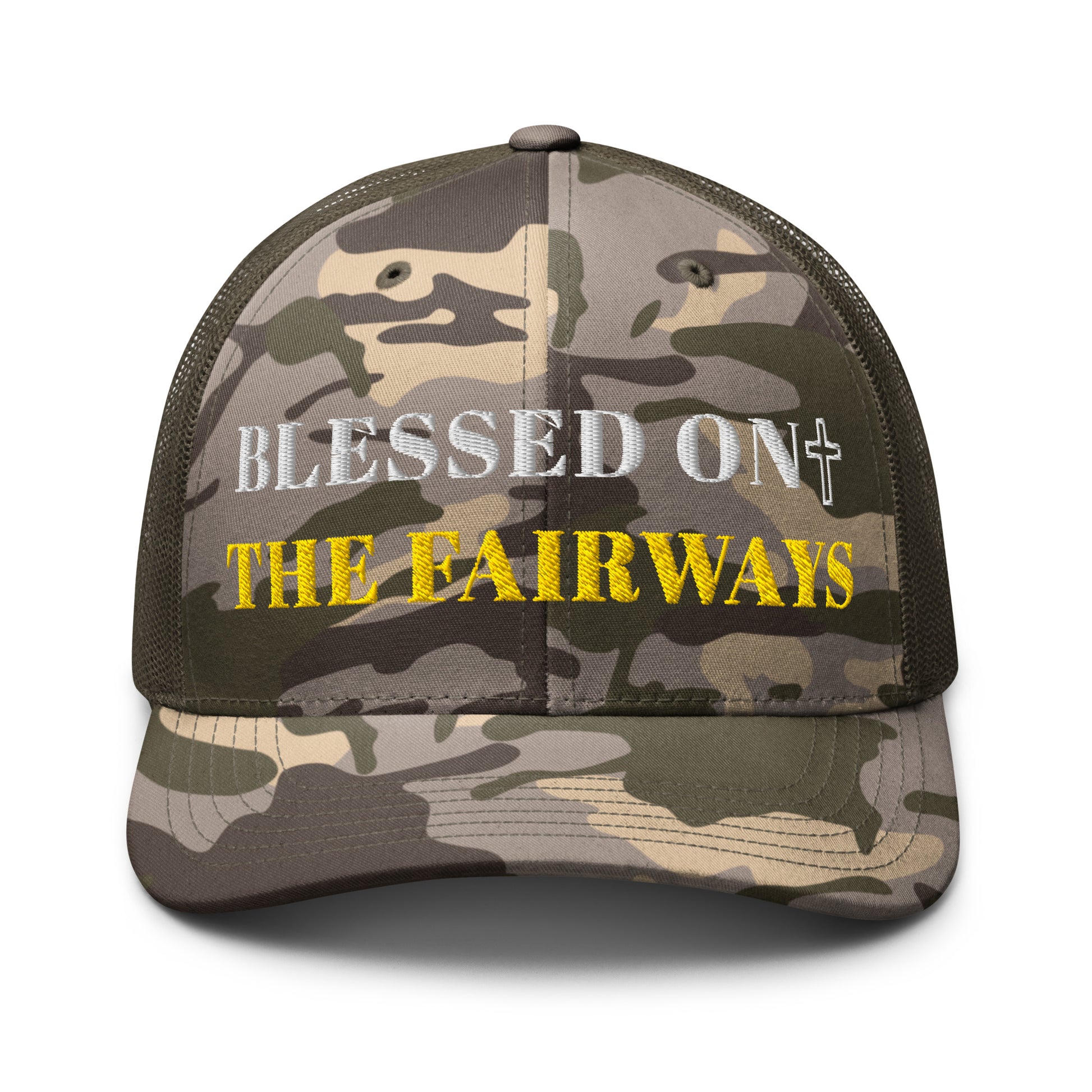 Blessed On The Fairways olive camo trucker hat front view