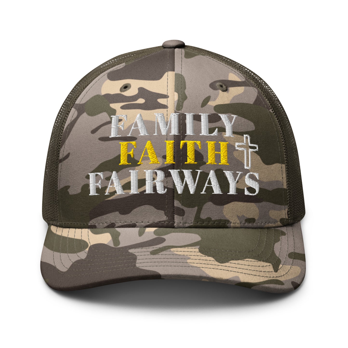 Family Faith Fairways olive camo trucker hat front view