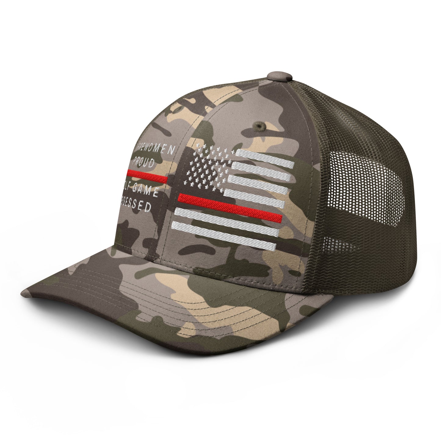 Olive structured trucker cap firewomen proud wording low profile front view