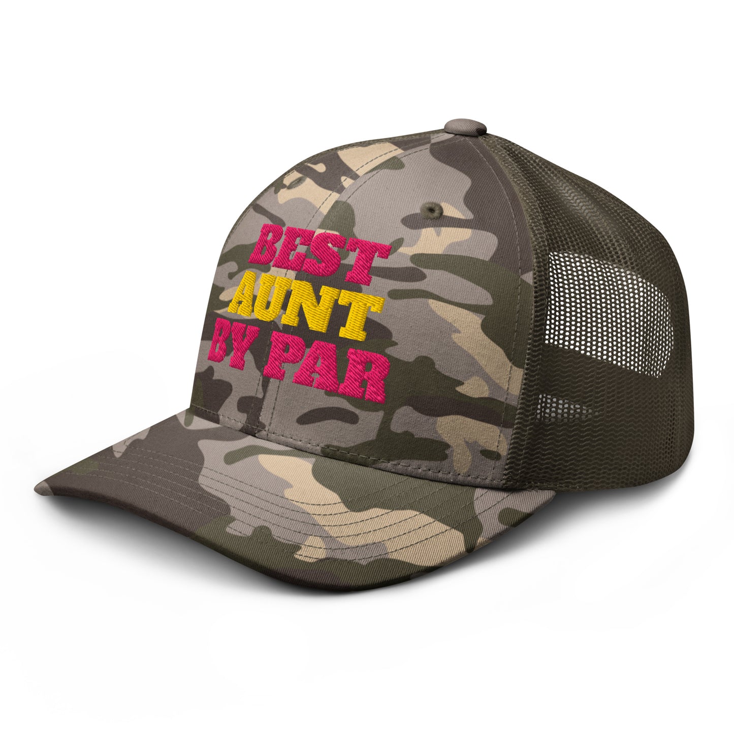 Olive structured 6-panel low profile cap best aunt by par pink yellow wording