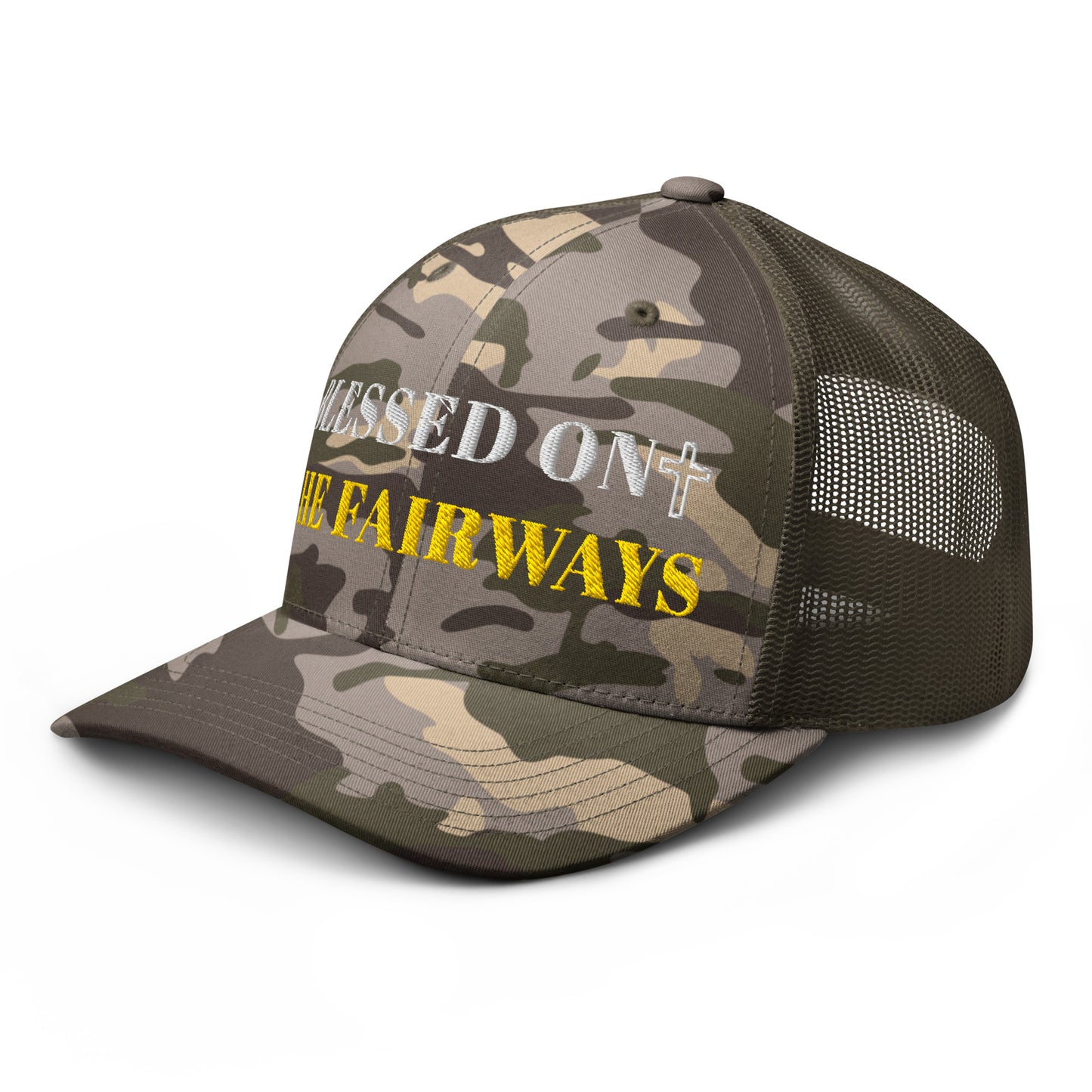 Blessed On The Fairways olive camo trucker hat side view