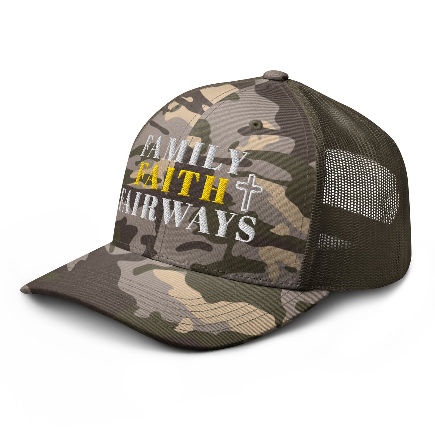 Family Faith Fairways olive camo trucker hat side view