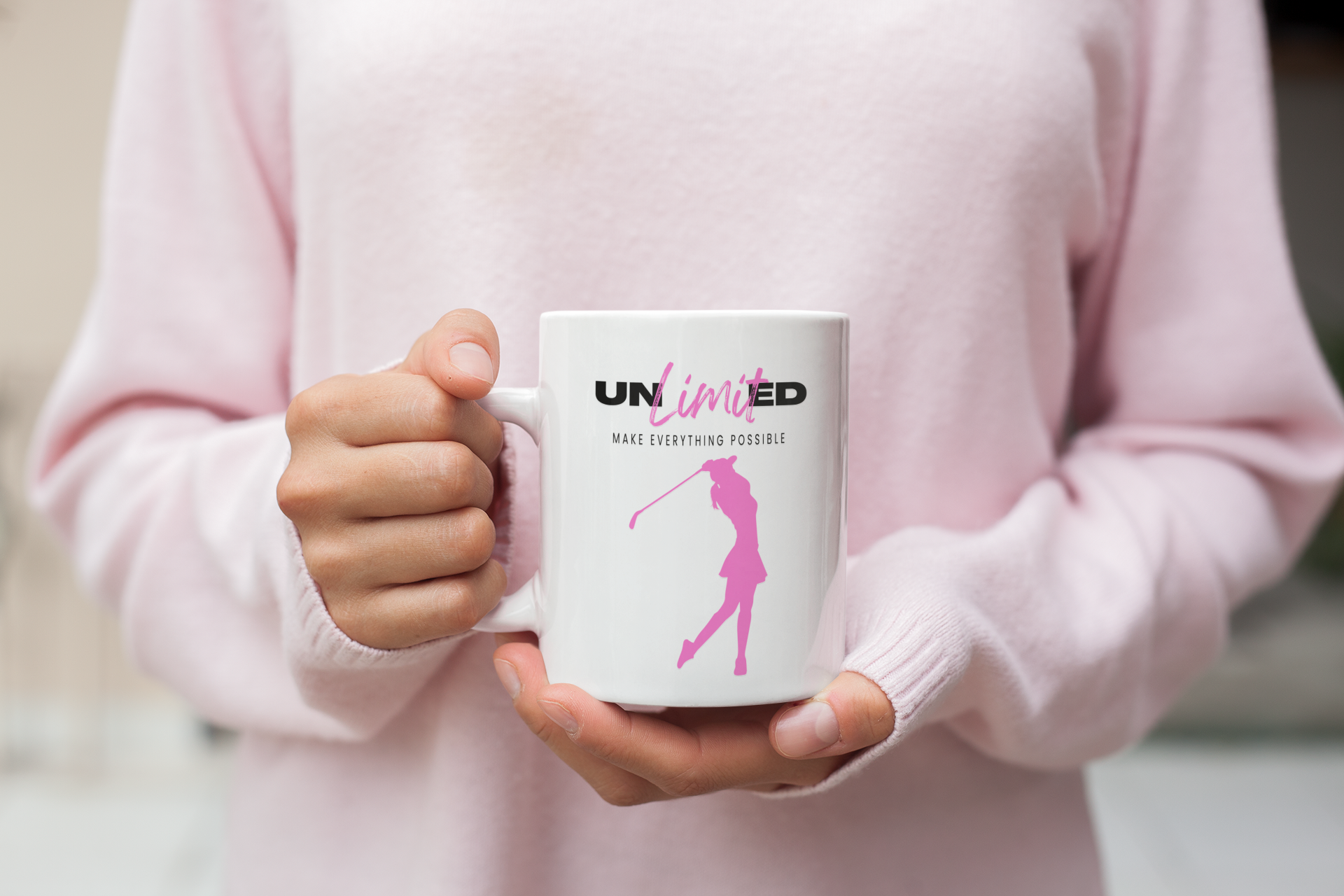 UNLimited message mug with powerful woman golfer silhouette