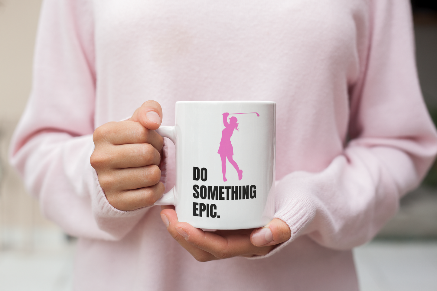Women's golf motivational 11oz mug do something epic pink swing silhouette white