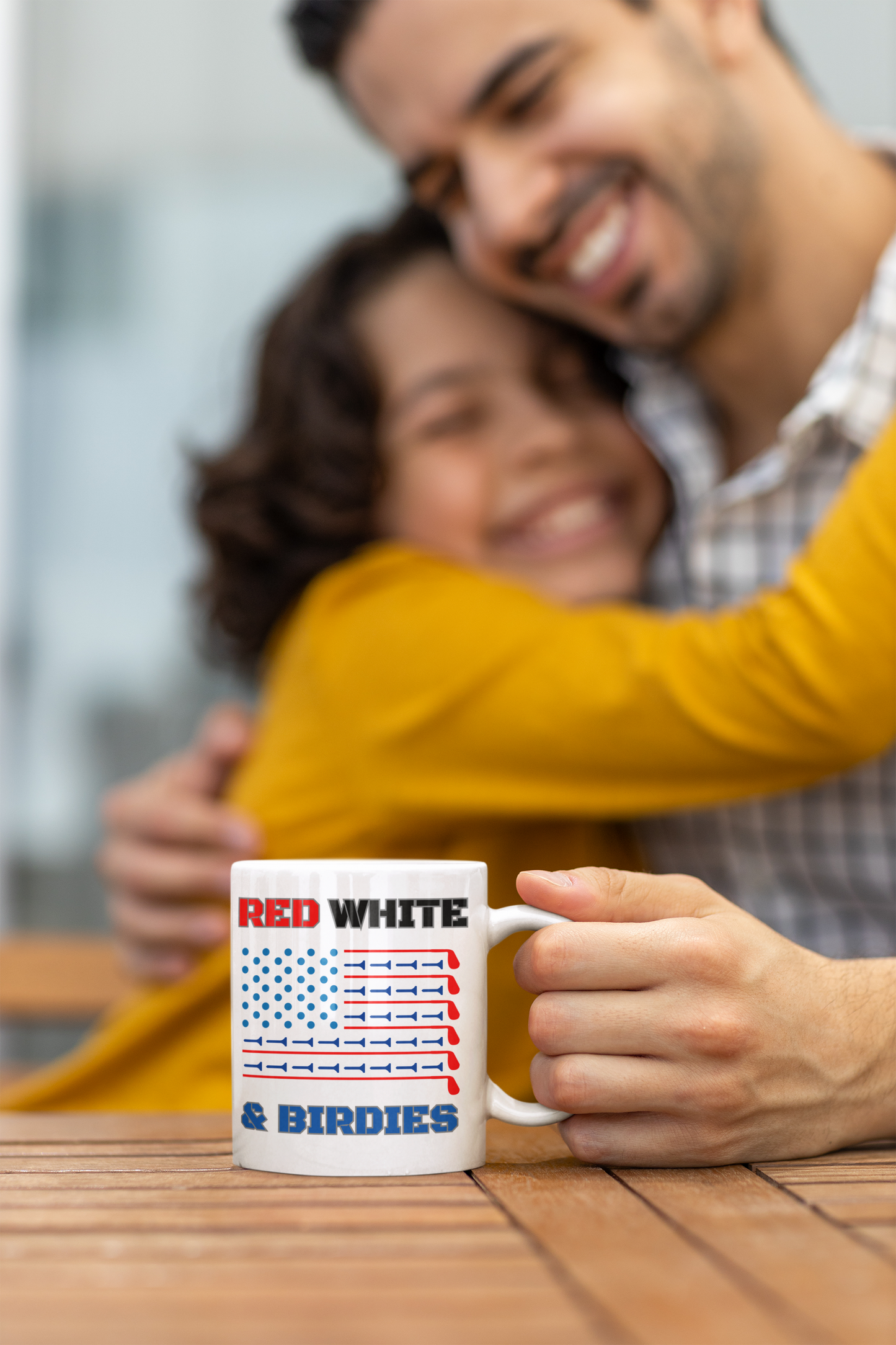 American golf-inspired mug with red and blue tee lines