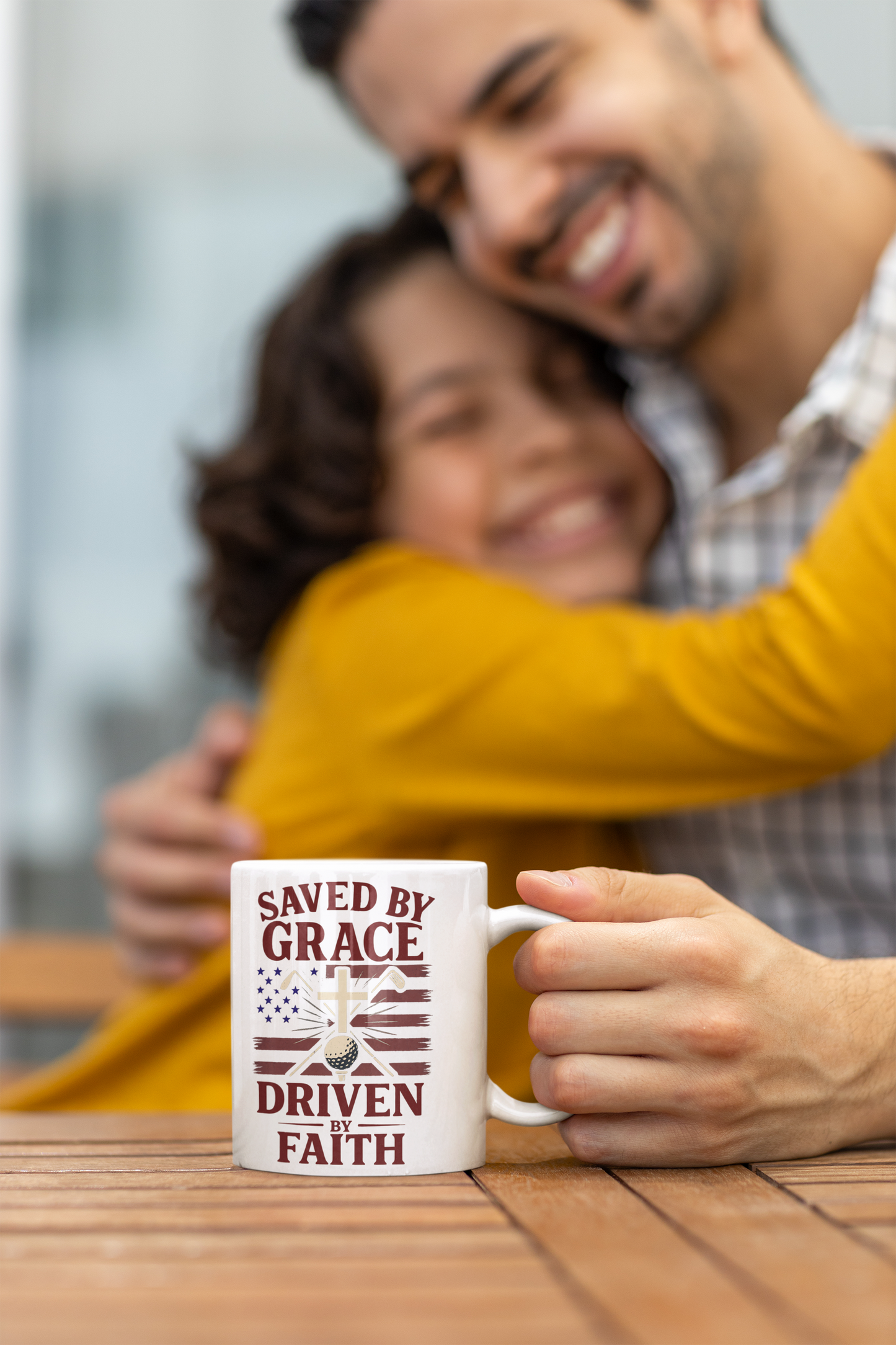 Encouraging Christian gift mug with golf ball and cross layout