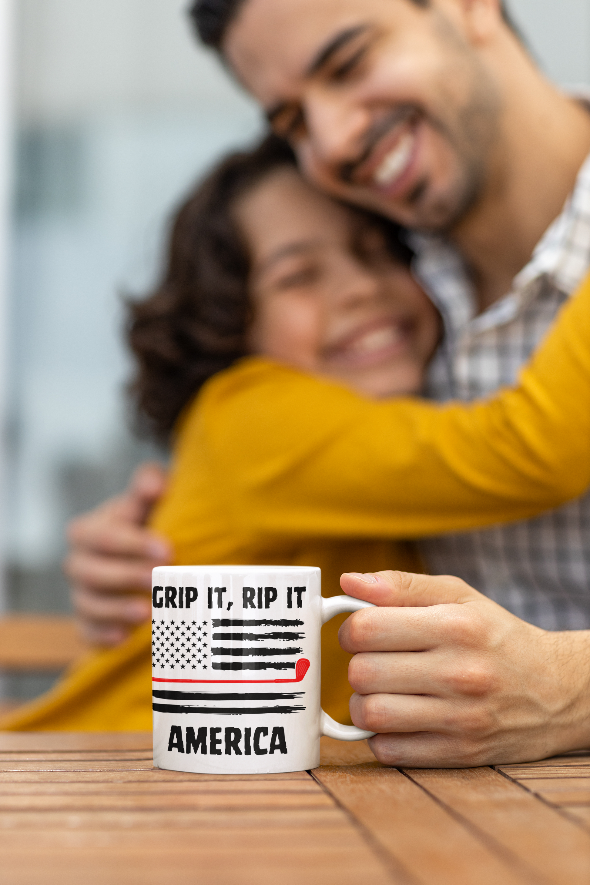 Golf-themed coffee mug with U.S. flag and red driver graphic