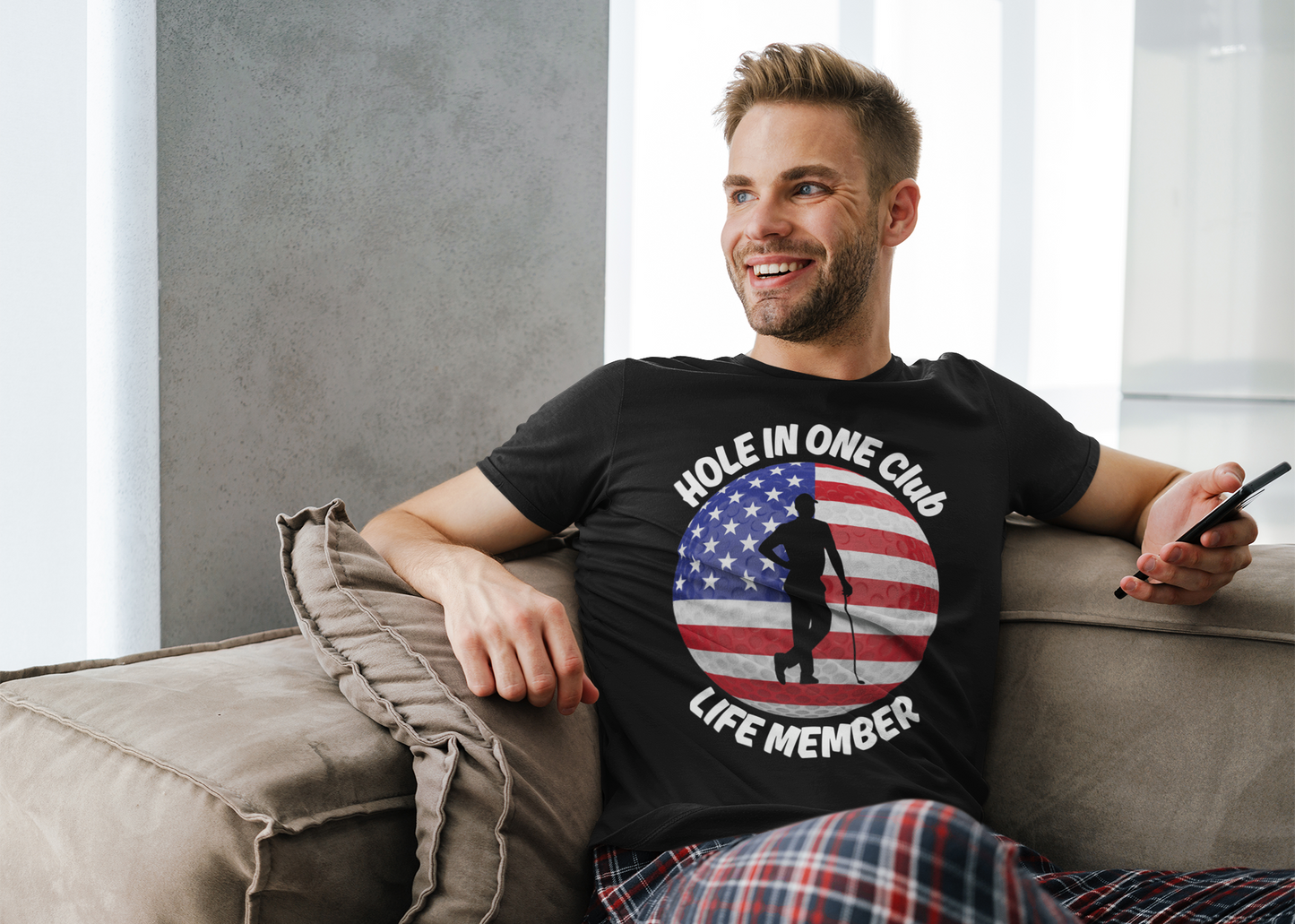 Bold patriotic golf-themed print on T-shirt